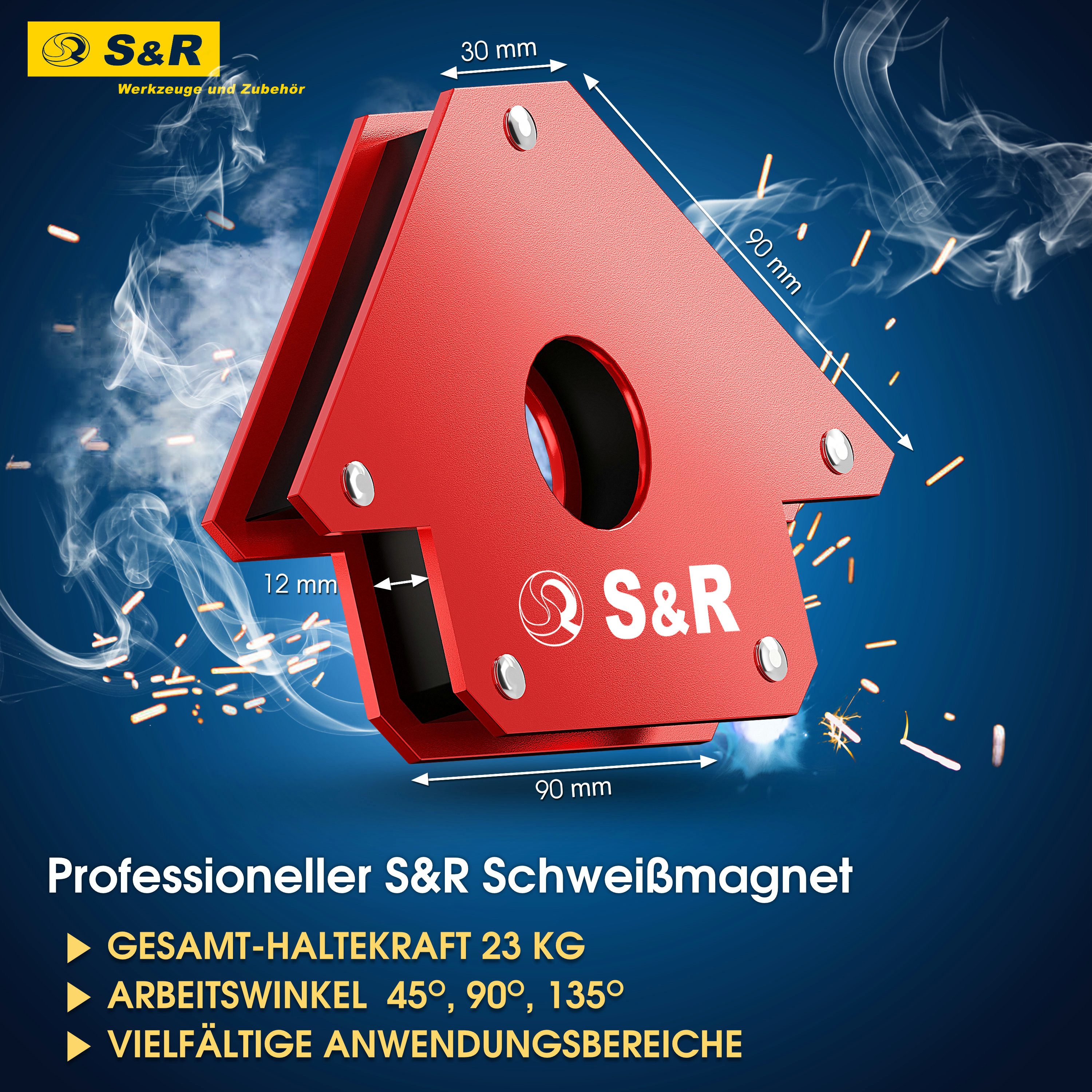 S&R Magnet-Schweißwinkel in Pfeilform, Winkelmagnet 100 mm, Montagewinkel 45°, 90° u. 135°, (1-St), Schweißhelfer mit hoher Haltekraft bis zu 23 kg
