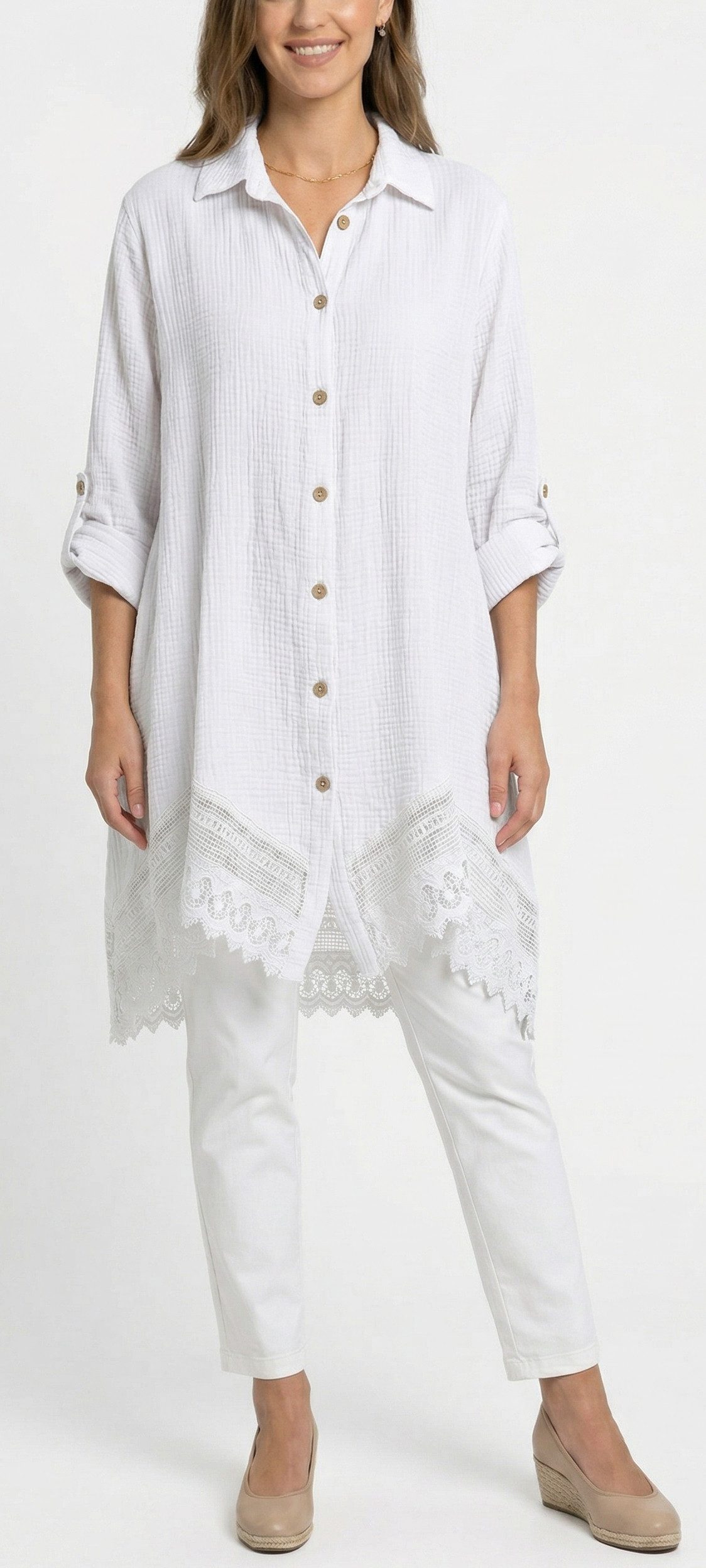 dy_mode Longbluse Damen Oversized Longbluse Musselin Tunika HemdbluseBlusenkleid in Unifarbe, dekorativem Häkel-Saum, Oversize-Passform