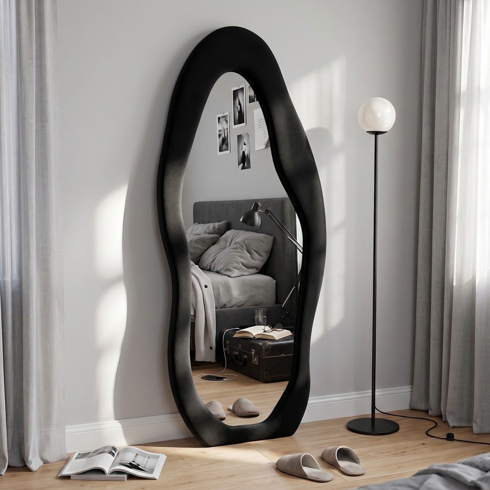 LUNAMIRROR Ganzkörperspiegel in organische Form, mit Samtbezug und Holzrahmen (1-St), stehend & hängend, 160x60 cm