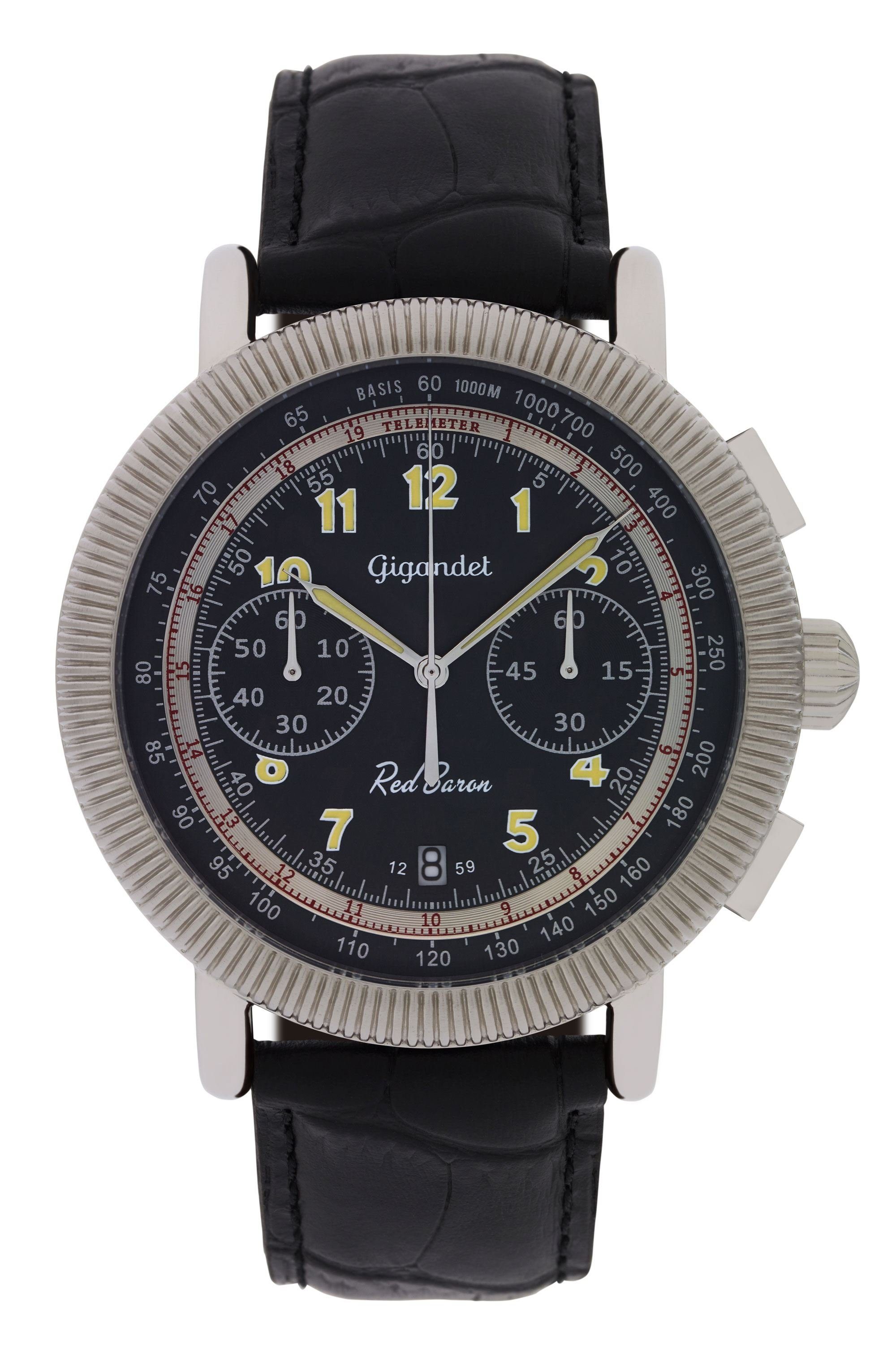 Gigandet Armbanduhr, Herrenuhr, Fliegeruhr, 46mm, RED BARON IV G19-005, Mineralglas, Datumsanzeige, Lederband, 10bar/100m wasserdicht
