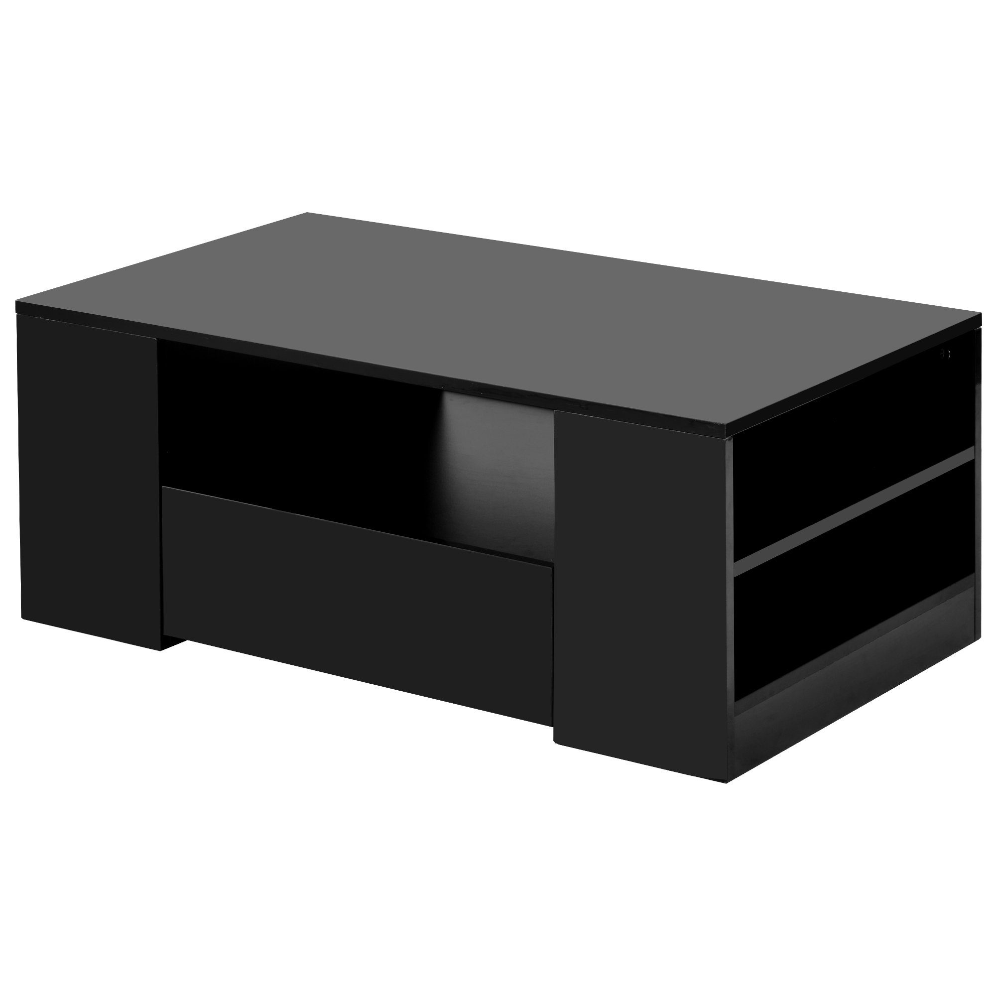 Couchtisch (Wohnzimmertisch Hochglanz Schwarz), Sofatisch mit LED-Beleuchtung, 2 Schubladen, 2 Regale, 95 x 53 x 37 cm
