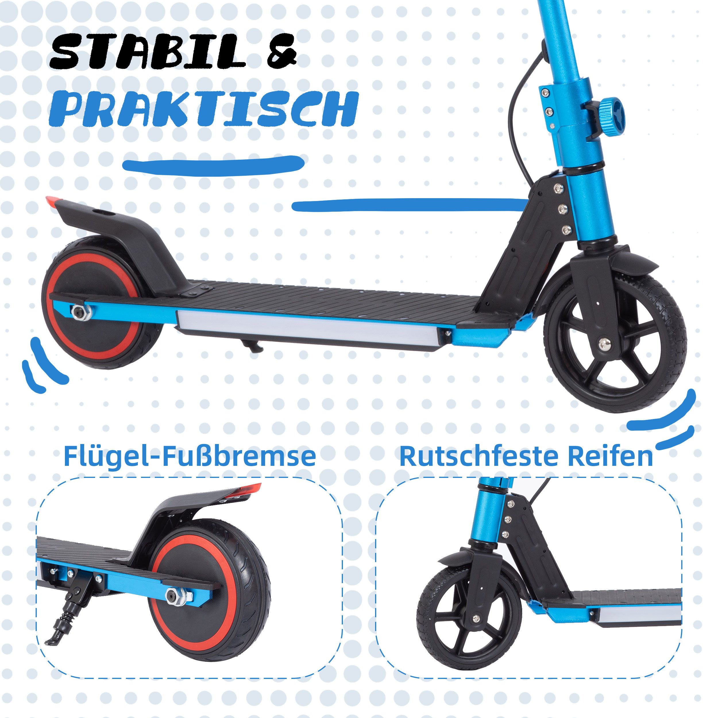 Vankel Elektro-Kinderroller für 6-15 Jahren, 6,5'' E-Roller, max. 5-8km, klappbar, Belastbarkeit 50 kg, 14km/h, faltbarer Cityroller, mit Beleuchtung, EBS+Fußbremse