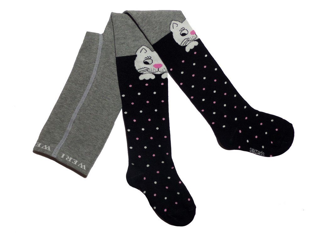 Strickstrumpfhose Kinderstrumpfhosen für Mädchen >>Weiße Katze<< weiche Baumwolle