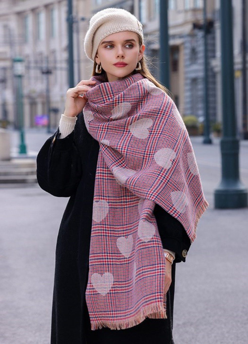 XDeer Modeschal Damen Schal,kuschelweich Karo,Winter Schal Poncho Qualität, Damen Halstuch Geschenk für Frauen Herzform Druck pink