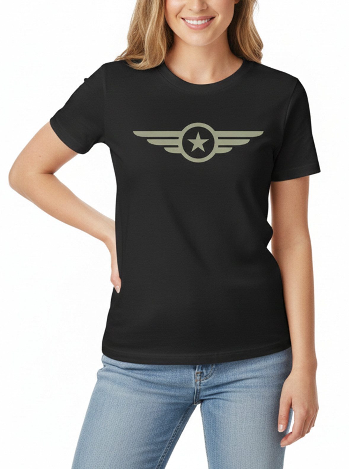 MAKAYA T-Shirt Military Top für Damen - USA Stern Navy und Army Style (Schwarz, S, M, L, XL) Baumwolle