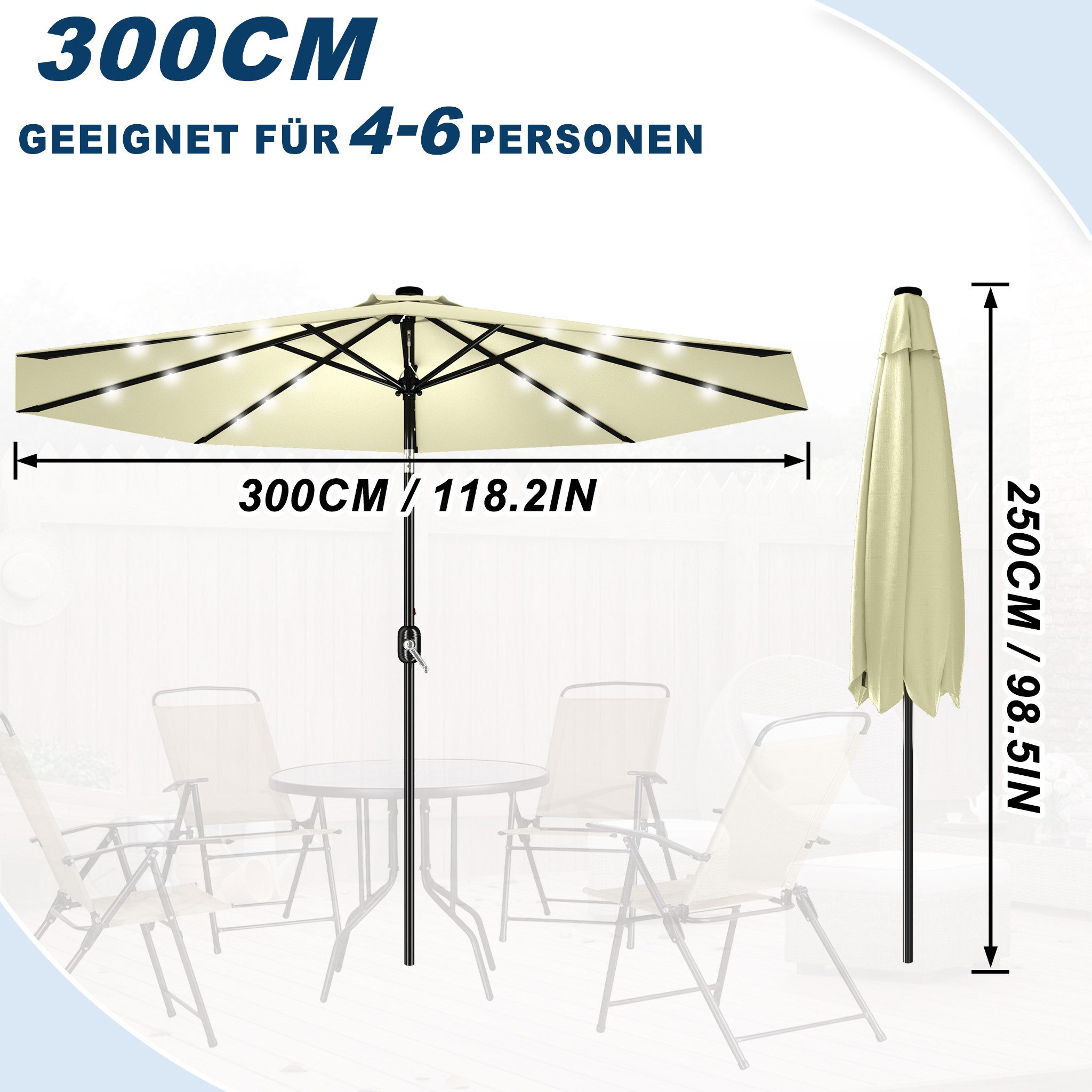 FIVMEN Sonnenschirm 300cm Solarbetriebene mit LED Sonnenschirm mit Kurbel Marktschirm, UV-Schutz Kurbelschirm für Garten & Terrasse – Bild 2 von 5