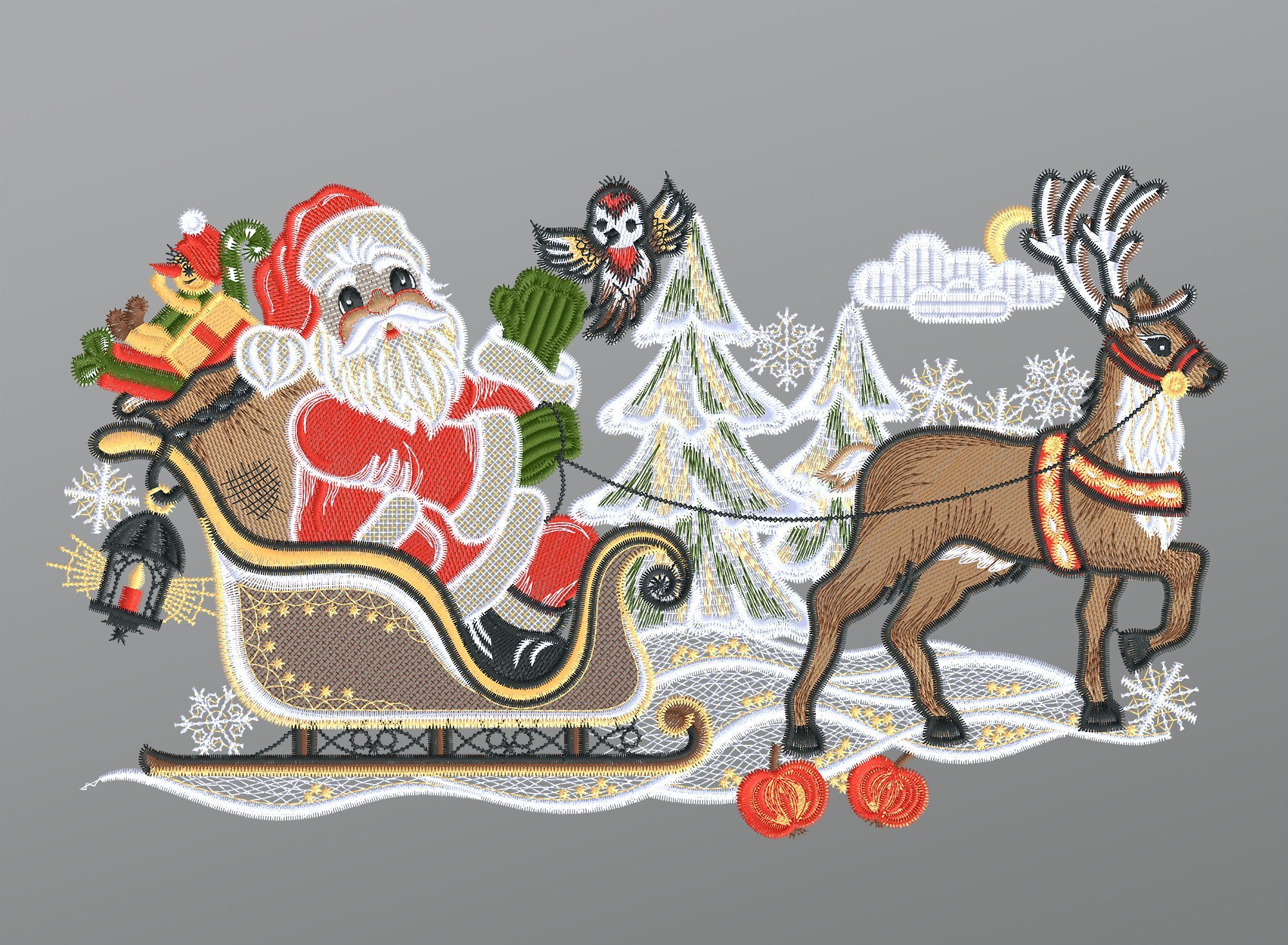 Plauener Spitze® Fensterbild Weihnachtsmann mit Schlitten u. Rentier, HxB 19x32cm