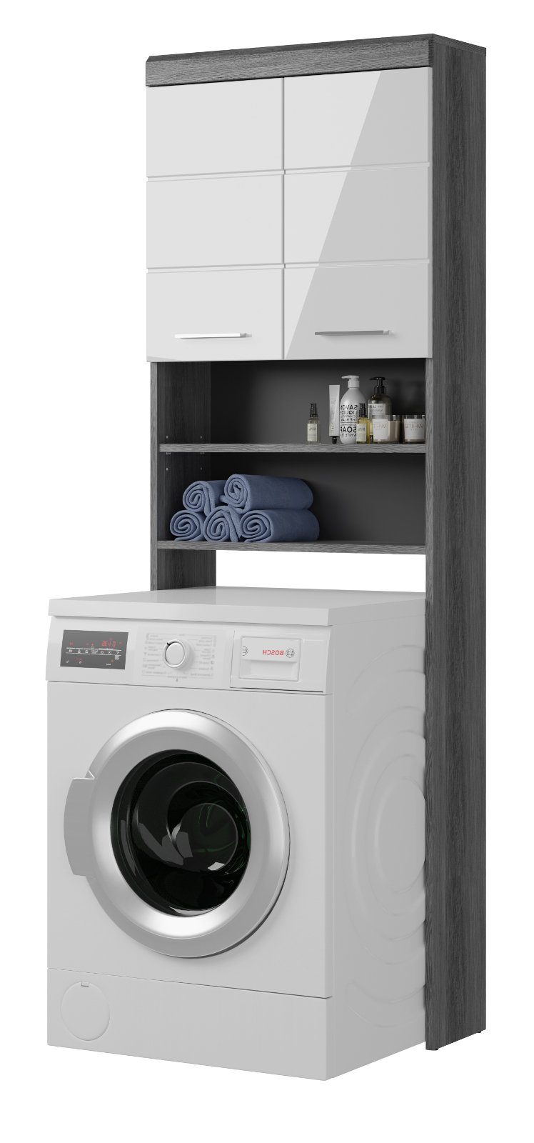 und für Waschmaschinenumbauschrank Rauchsilber, grau 60 cm) Stauraum mit Geräte Hochglanz, weiß (Waschmaschinenschrank xonox.home Scout