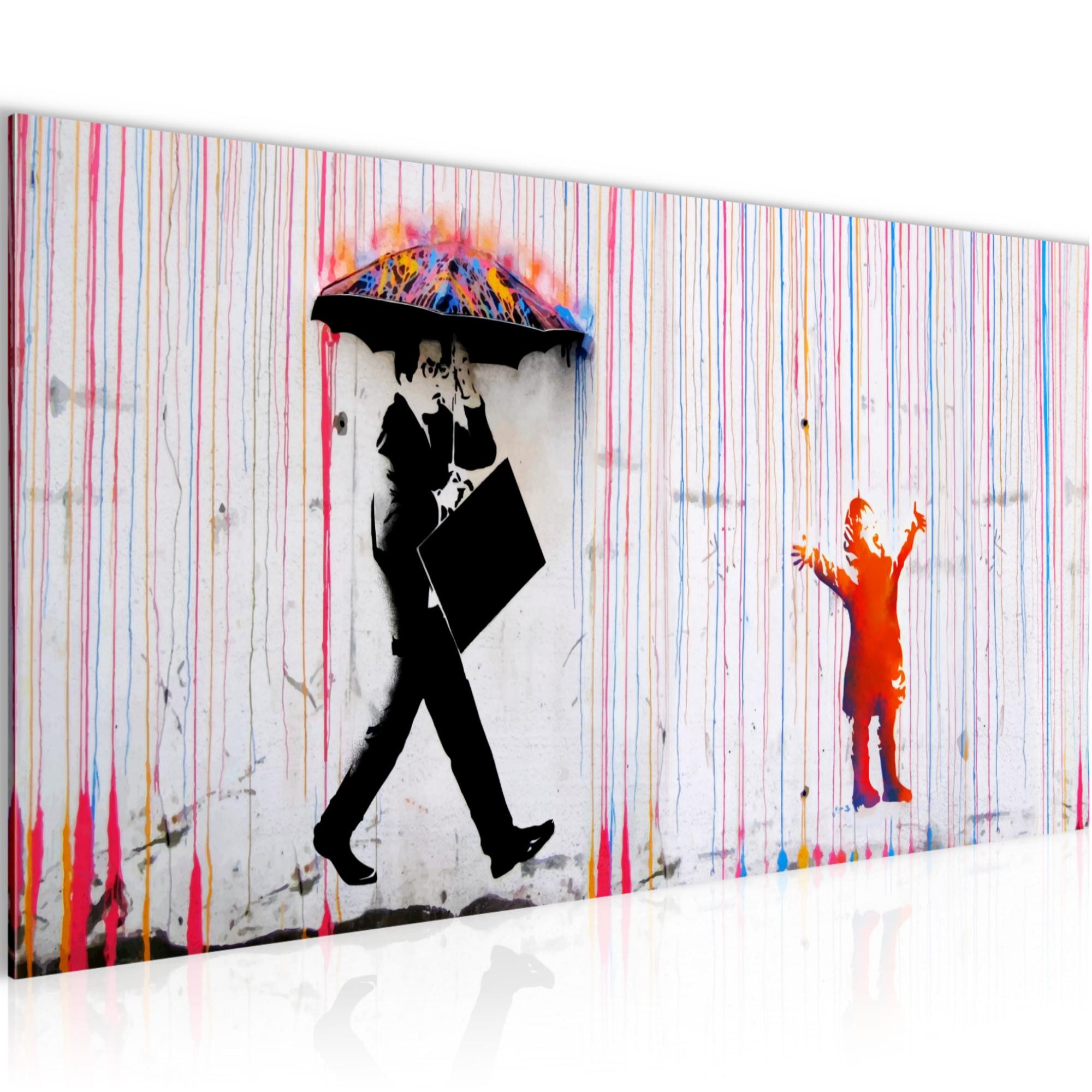 Runa Art Wandbild Banksy-Style Colored Rain auf Vlies Leinwand Streetart Graffiti Loft, 100L x 40B cm