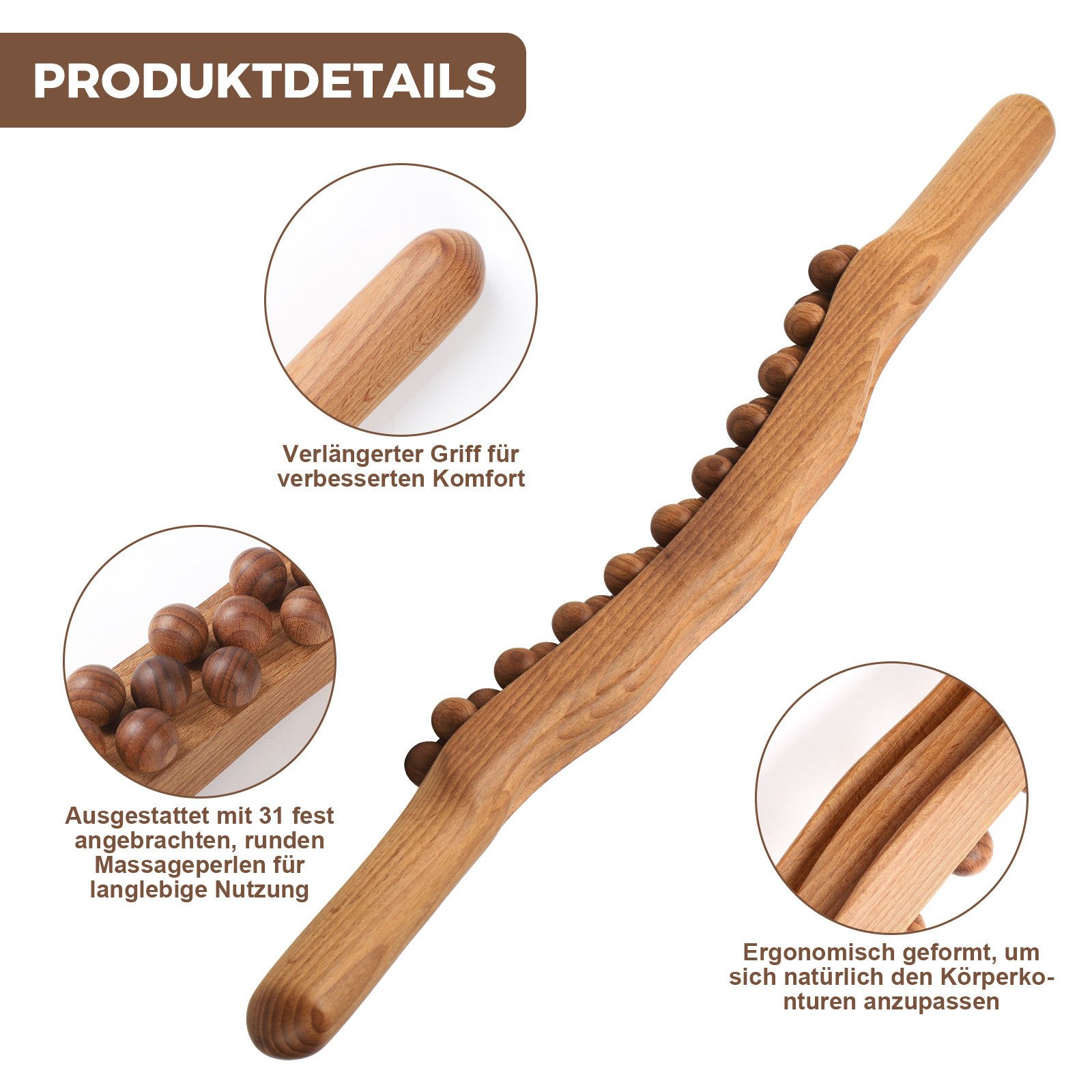 QUBEBU Nacken-Massagegerät Holz-Gua-Sha-Massageroller 31 Perlen, 58cm, Nacken- & Körpermassage, Für Muskelentspannung Massage Nacken Rücken Bauch Beine Arme 1-t – Bild 3 von 5