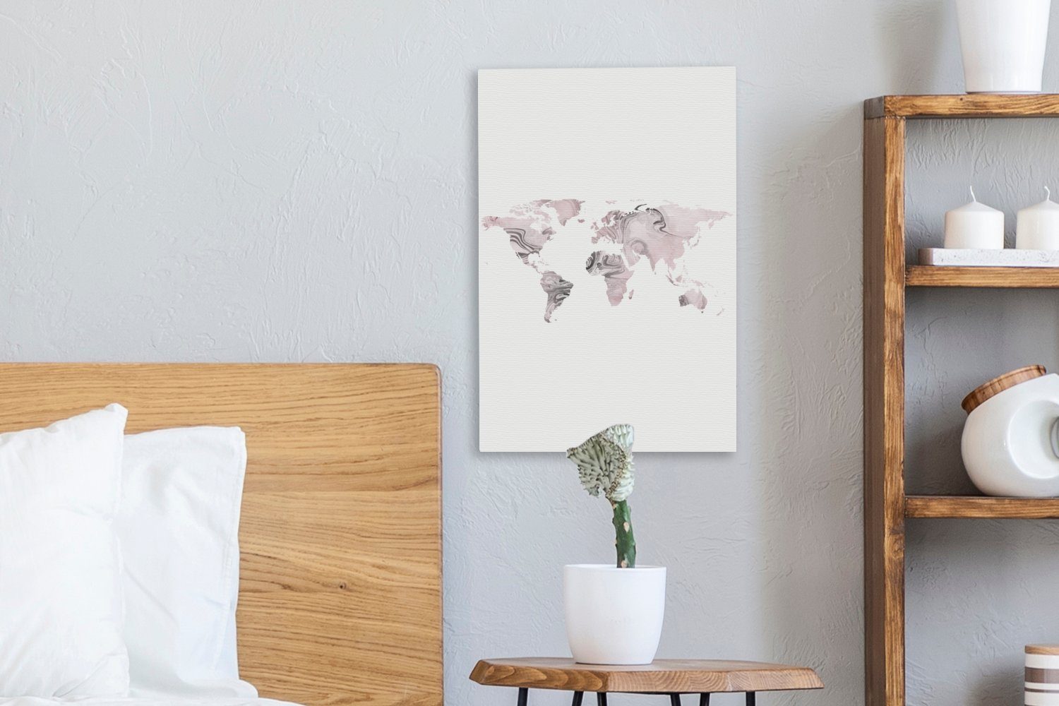 Grau Farbe, (1 Weltkarte St), bespannt Leinwandbild OneMillionCanvasses® Rosa cm fertig 20x30 inkl. Leinwandbild - Gemälde, - - Zackenaufhänger,