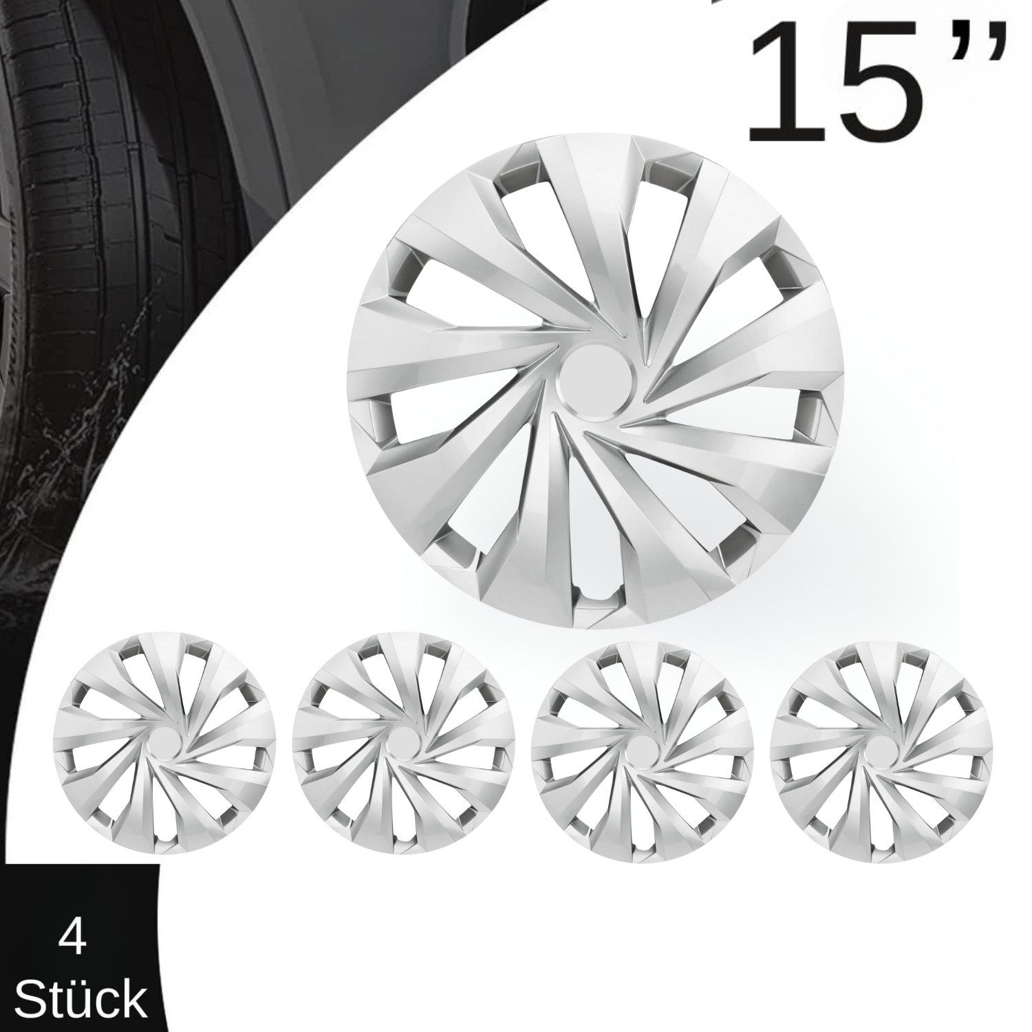 Trimak Radkappen 13-14-15-16 Zoll 4er Set Radzierblenden Silber Schwarz Schlagfest, Silber / 15-Zoll-Radkappen, ABS Kunststoff, Schlagfest, Hochwertig