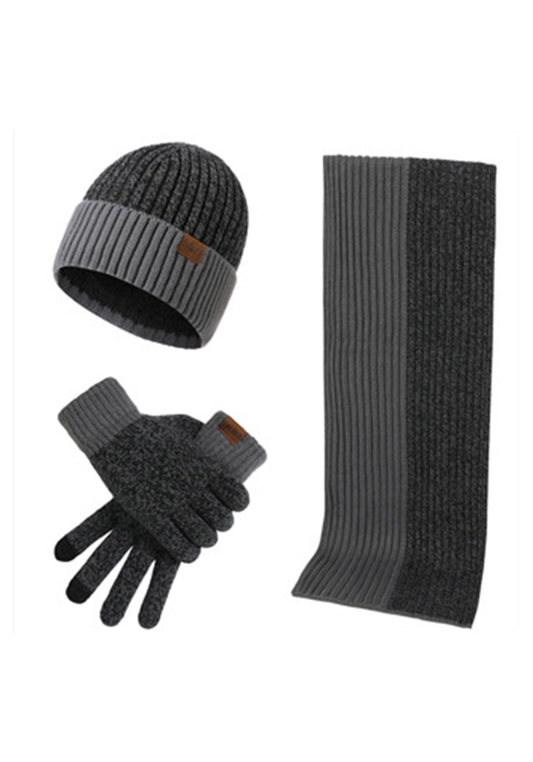 MAGICSHE Strickmütze drei warm Hut verdickte Winter Dunkelgrau Set Schal Weich Stück Handschuhe