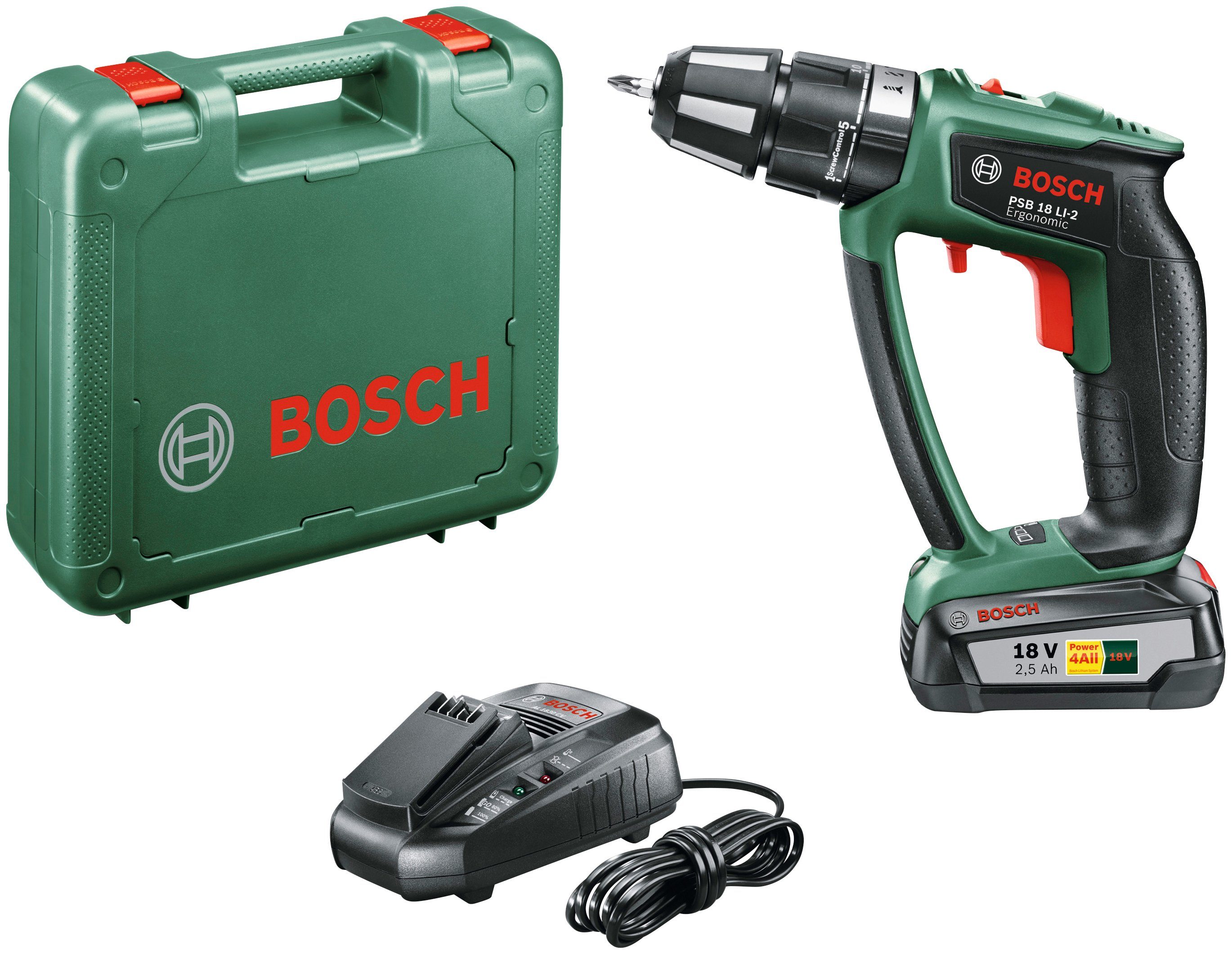 PSB max. 1400 Akku inkl. Home und LI-2 (Set), Bosch Ladegerät Ergonomic, Akku-Schlagbohrschrauber 18 U/min, & Garden