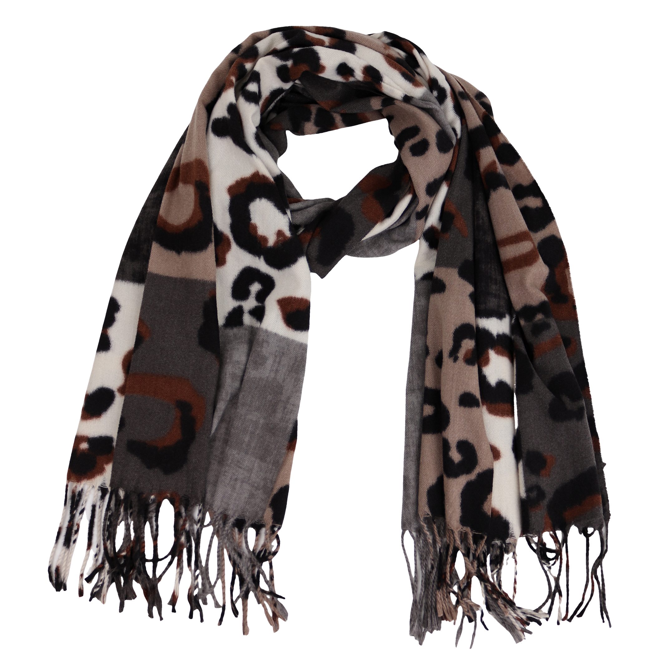 MIRROSI Modeschal weicher und warmer Schal Leo Karo Muster mit Fransen, 70x180cm, (angesagtes Leo Karo muster Leo Leopard Muster), Damen Halstuch ideal für Herbst und Winter