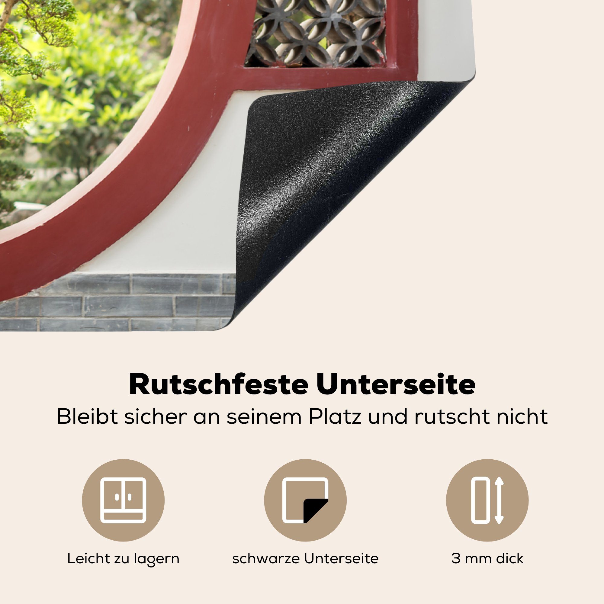 küche, MuchoWow 81x52 die Ceranfeldabdeckung Fenster, cm, Herdblende-/Abdeckplatte Blick tlg), auf Schutz durch Bonsaibäume Induktionskochfeld für rundes Vinyl, (1 ein