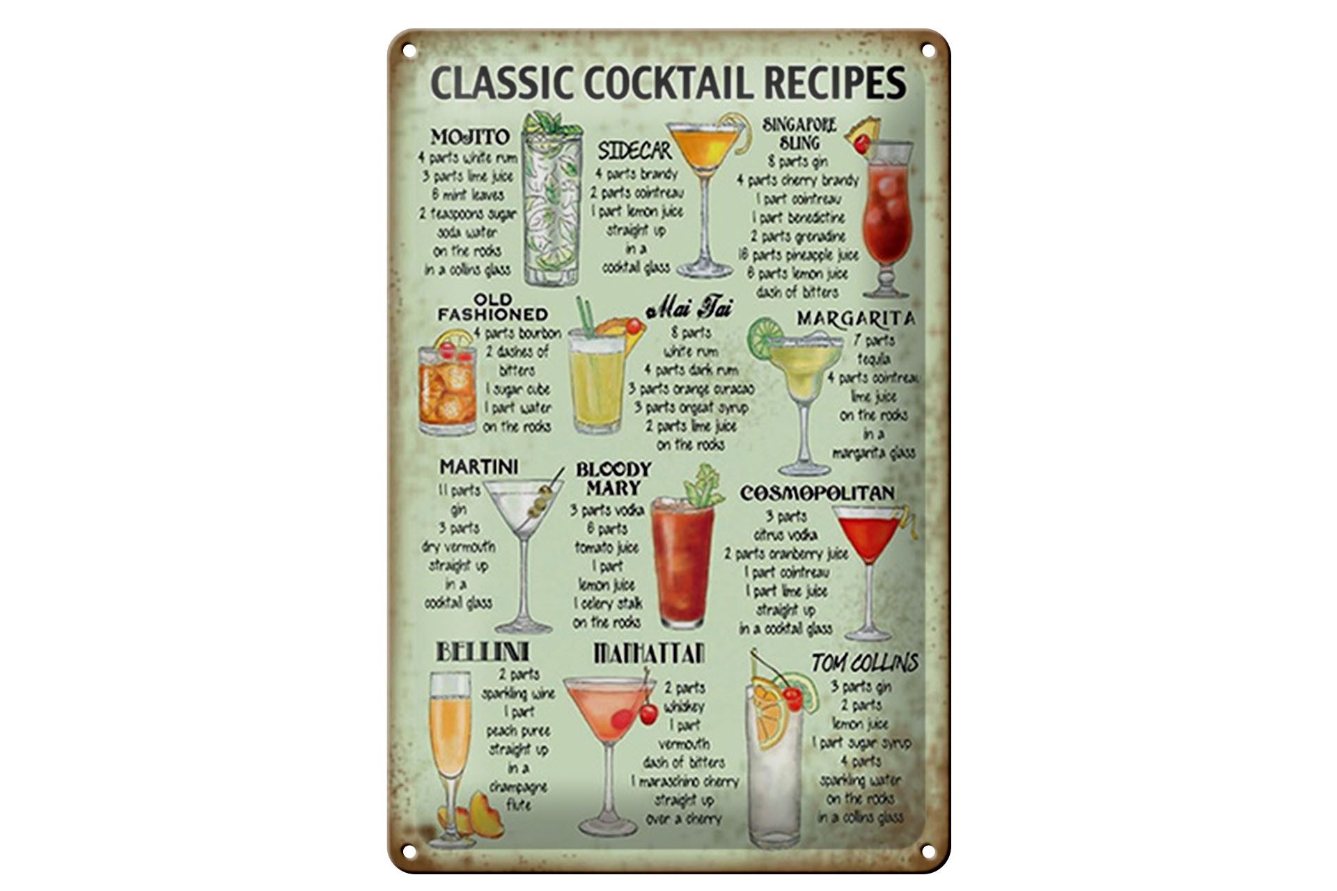 Femer GmbH Metallschild Rezept 20x30cm classic Cocktails Recipes Mojito, (1 St), gewölbte Oberfläche, abgerundete Ecken, umgeschlagene Kanten