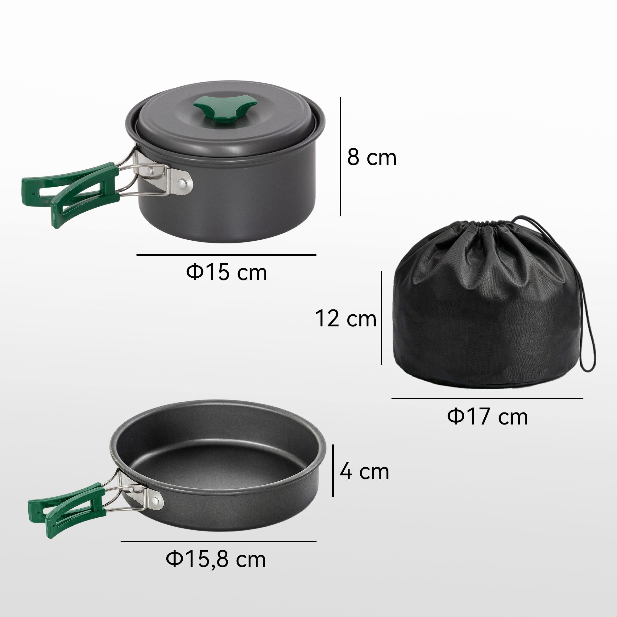 Outsunny Geschirr-Set Kochgeschirr Set, schnell erhitzend Kochtopf Set für 2 Personen (8-tlg), 2 Personen, Aluminium, Metall, für Outdoor Wandern Picknick BBQ Grau
