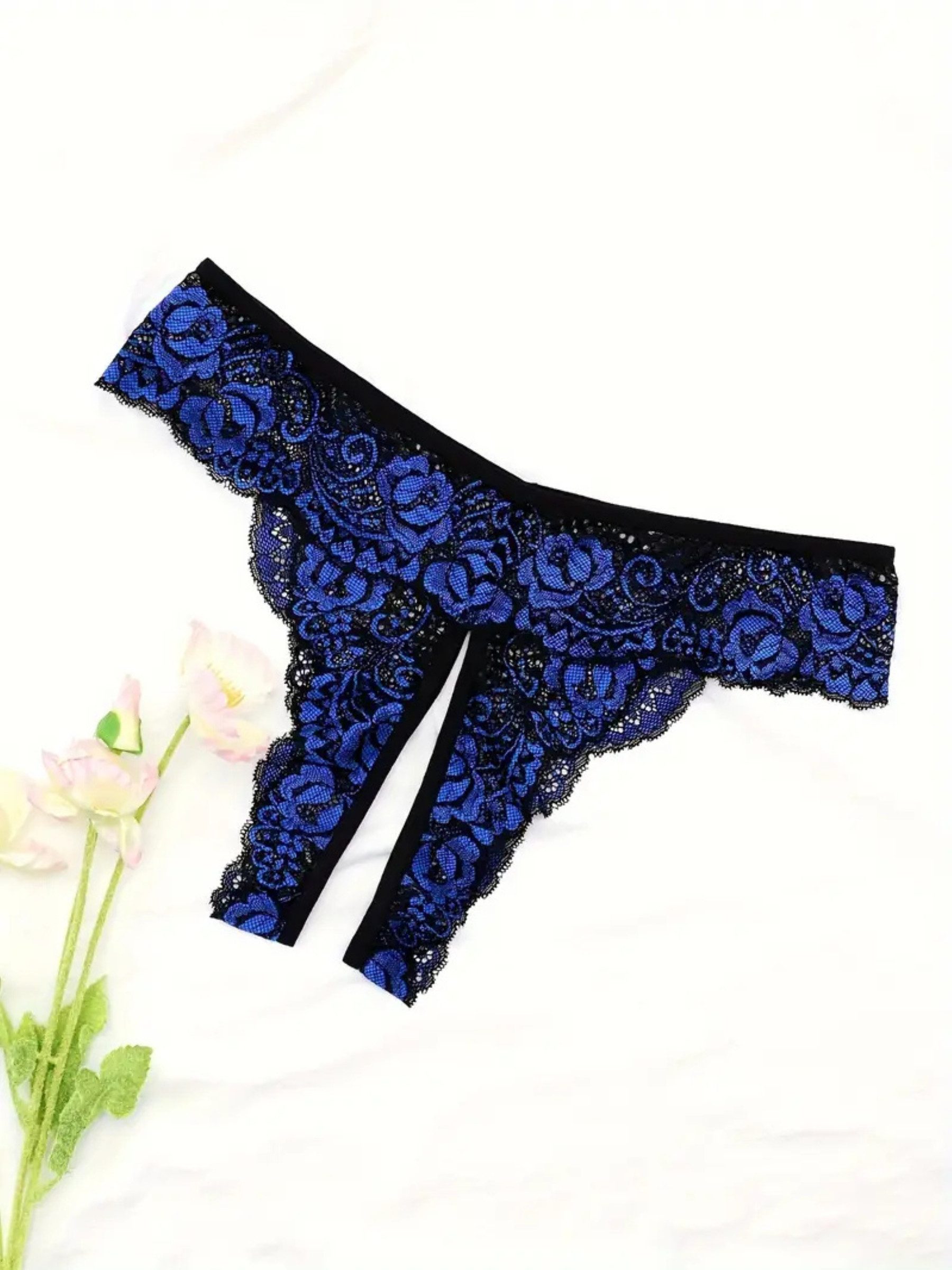 Slip-Ouvert Unterwäsche aus Spitze, Tanga mit offenem Schritt, Geblümte Dessous
