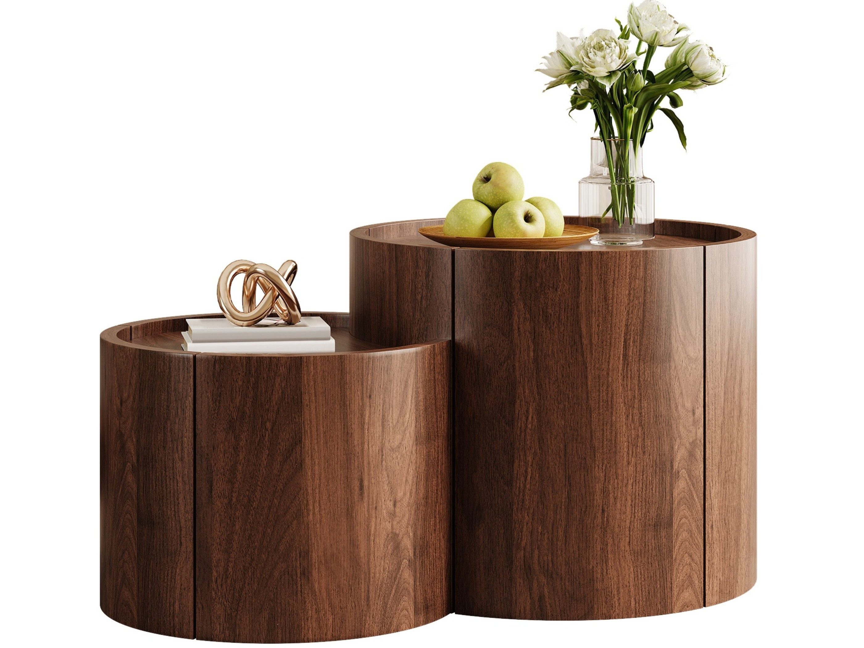SeedWave Couchtisch Sofatisch mit 2 festen Ebenen, Schublade und Schrankfach (1 Tisch), Wohnzimmertisch mit abgerundeter Verbundform und abgestuftem Profil