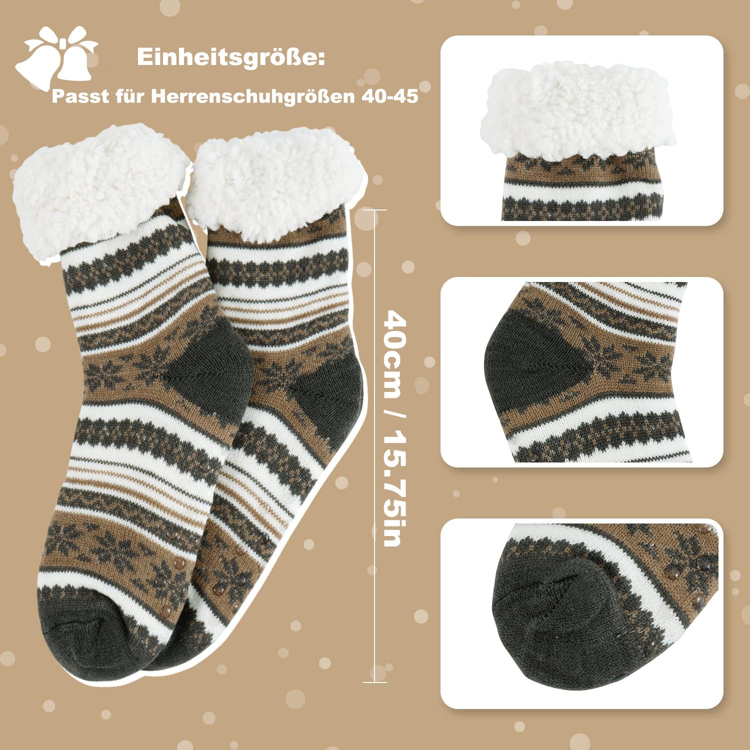 Coonoor Haussocken Hausschuh-Socken für Herren mit rutschfesten Noppen warm und bequem (1-Paar) dicke Kabinen-Socken, ideales Geschenk für den Winter