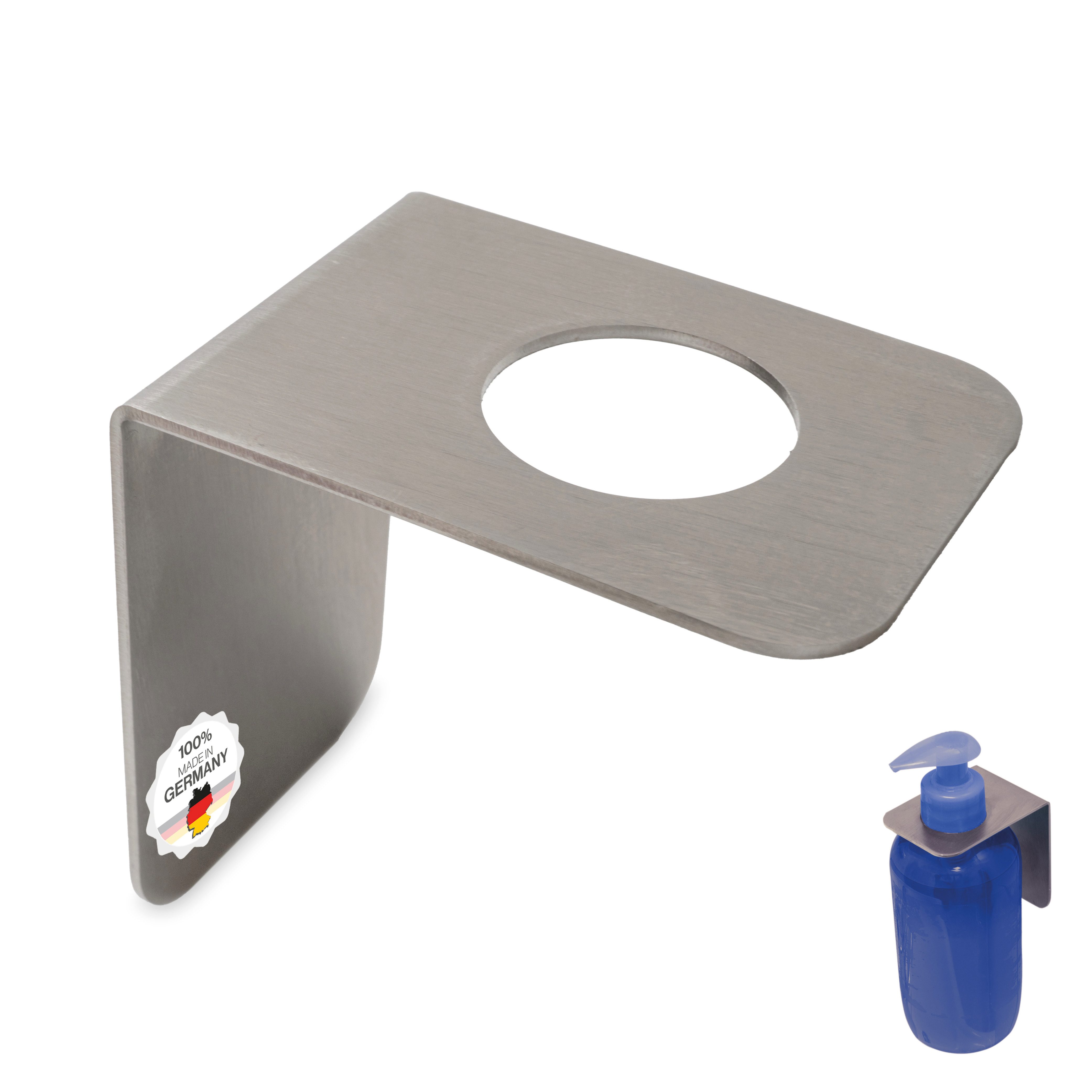 Feuerfest 123 GmbH Seifenspender Halterung zum Kleben - Seifenspenderhalter für Bad & Küche, (100 % Made in Germany, rostfreier Edelstahl), Für handelsübliche Seifenspender