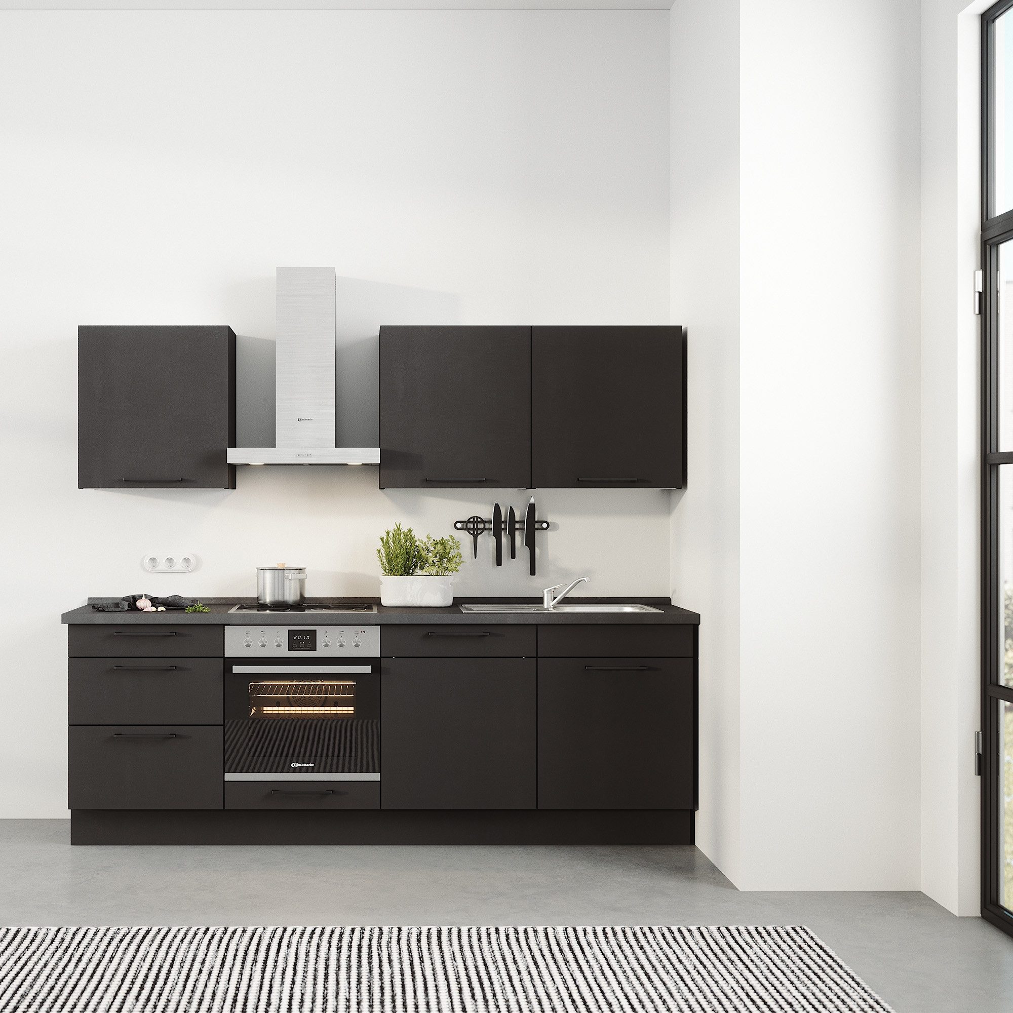 ROCTOR Küchenzeile RT5003 Comet schwarz / AP Spachtelbeton graphit - 240 cm Breit, Vormontiert, inkl. Bauknecht E-Geräten, Küchenkorpus Made in Germany