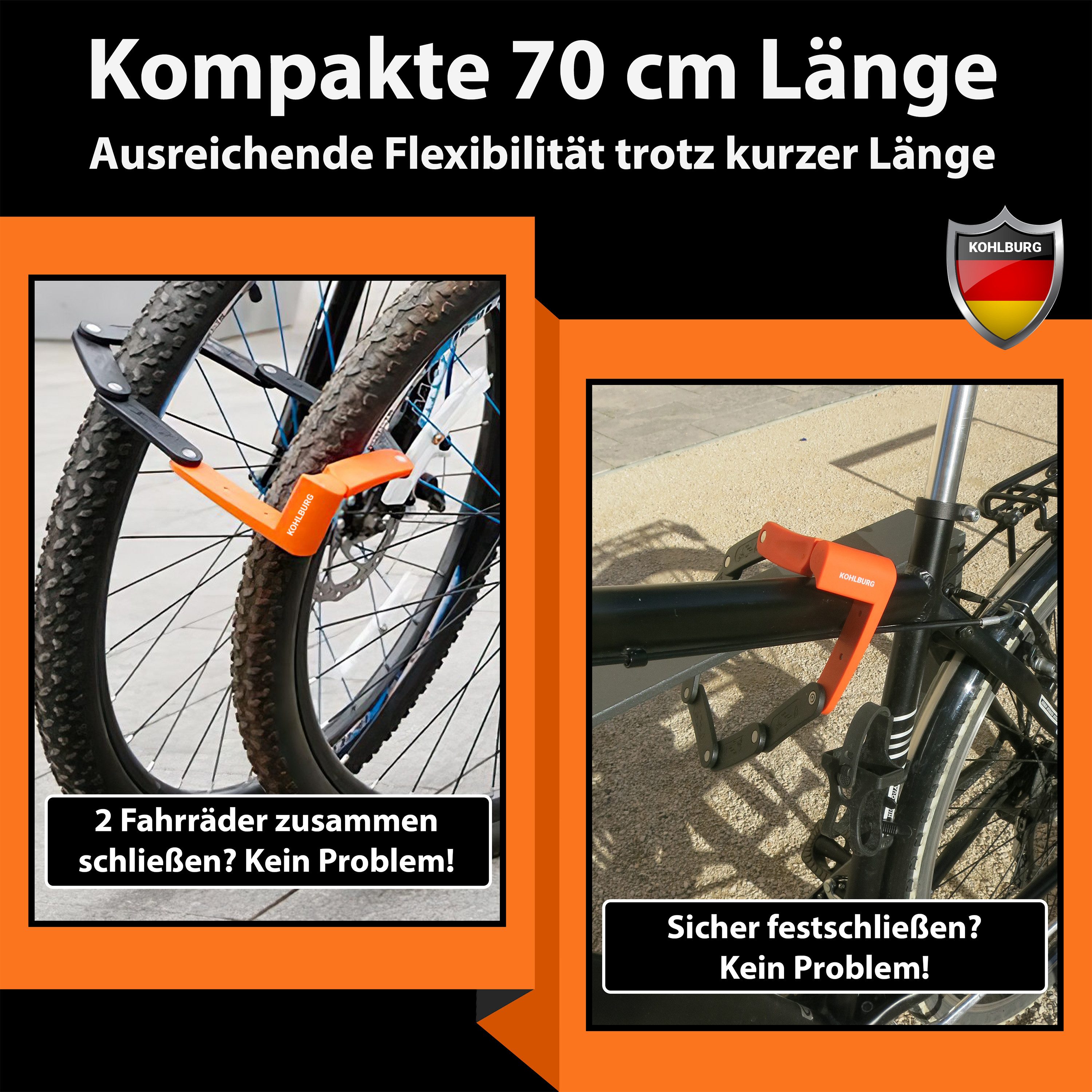 KOHLBURG Faltschloss [680g leicht & 70cm lang] Sicheres Fahrradschloss für E-Bike & Fahrrad, Sicheres Fahrradschloss aus gehärtetem Stahl mit Halterung