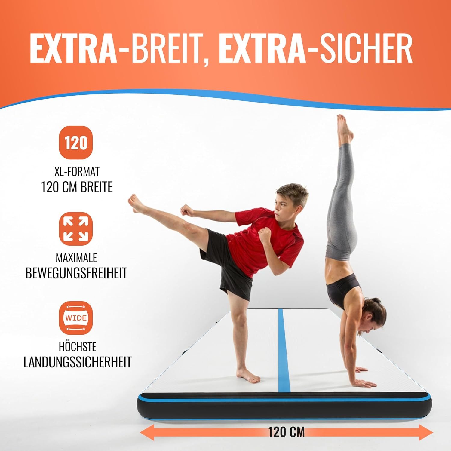 AthleticPro Turnmatte Airtrack Matte - 120cm breit, 3-5m Turnmatte aufblasbar, Tragetasche (10 cm), inkl. elektrischer Pumpe, Reparaturset, wasserdicht
