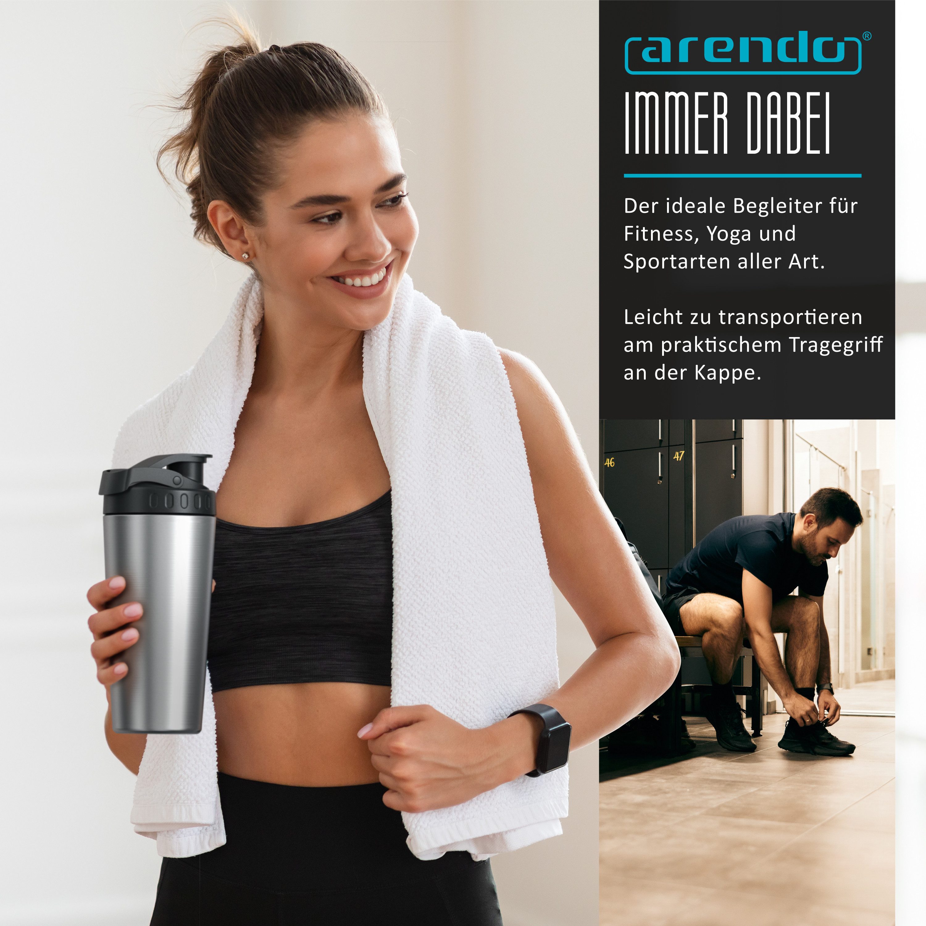 Arendo Protein Shaker Edelstahl Eiweißshaker 750 ml, verschließbar, spülmaschinengeeignet, Edelstahl, Mixbecher, Tragegriff, BPA-frei, für unterwegs, Yoga, Finess, Sport