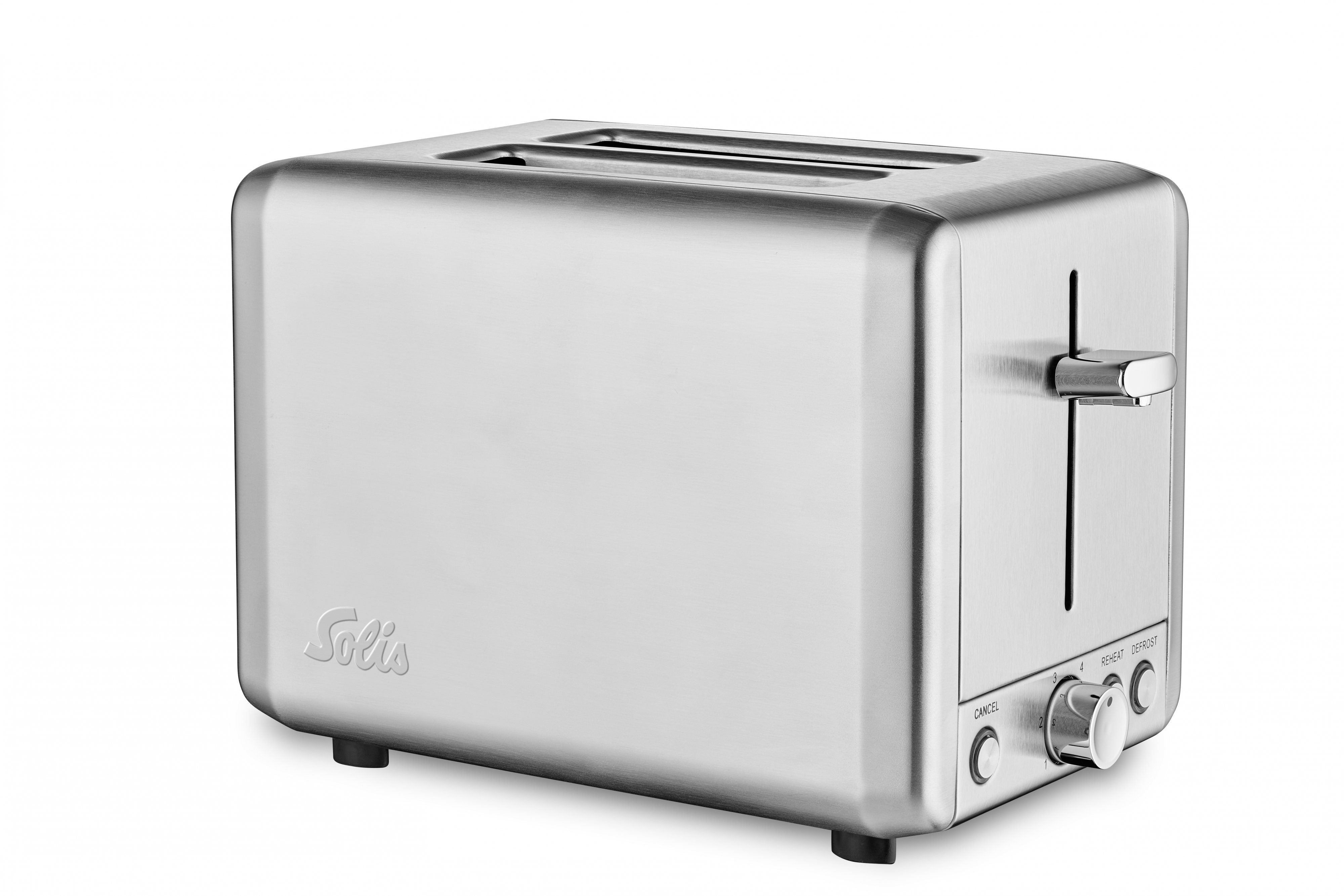 SOLIS OF SWITZERLAND Toaster Steel Toaster, Typ 8002, 2 kurze Schlitze, für 2 Scheiben, 925 W, 6 Stufen, Auftau-, Aufwärm- und Stopp-Funktion, Krümelschublade