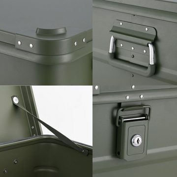 ALUBOX Aufbewahrungsbox Premium Lagerbox mit Druckguss Stapelecken olivgrün (92 Liter), Fangbänder am Deckel