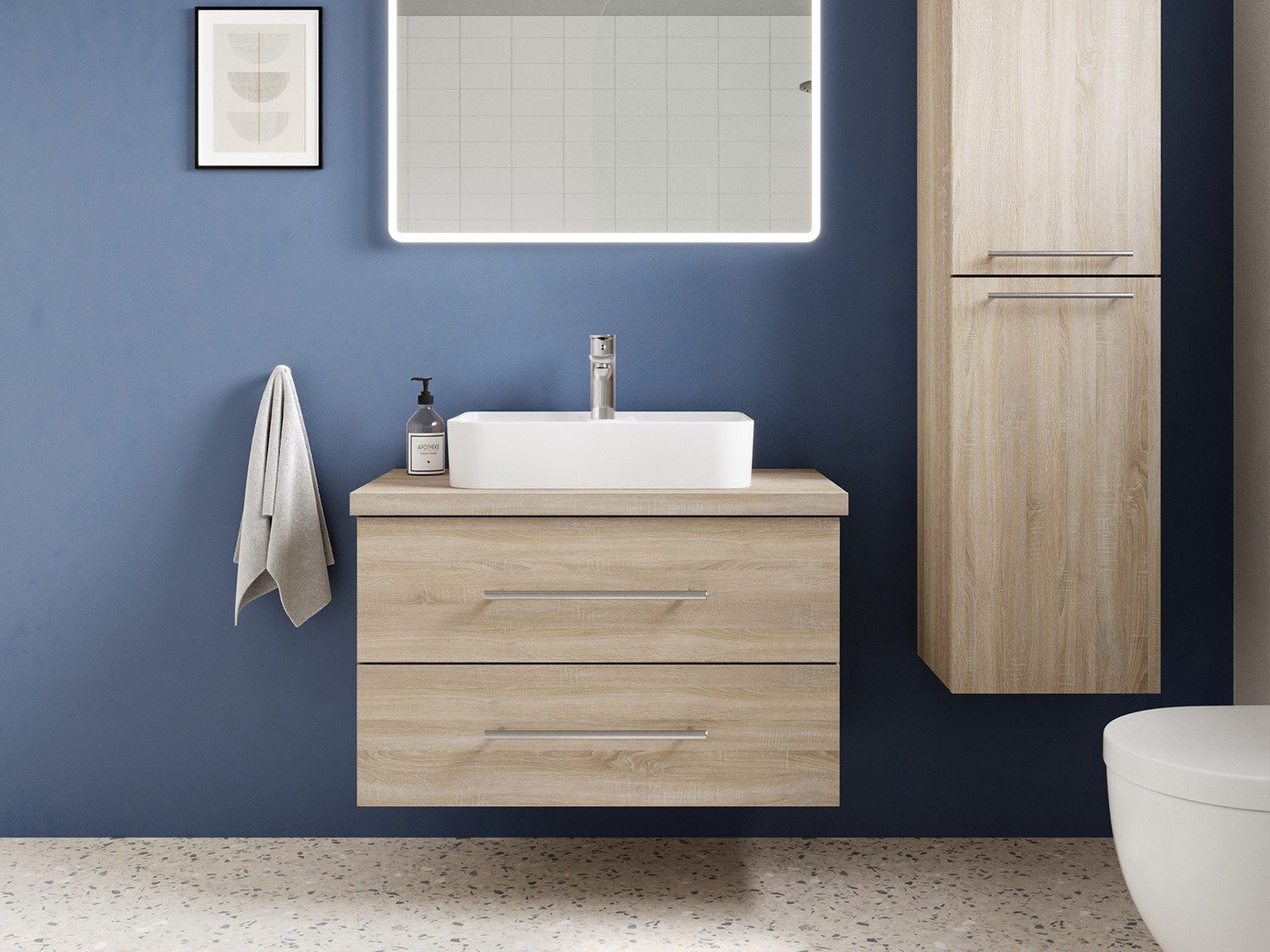 Aqua Bagno Badmöbel-Set Badmöbel-Set Flex 80 cm Eiche Gold mit 50cm Keramikbecken&Trägerplatte, (vormontiert, 3-St., Badmöbelschrank melaminbeschichtet, Trägerplatte, Keramikwaschbecken), einfache Montage, Skandi