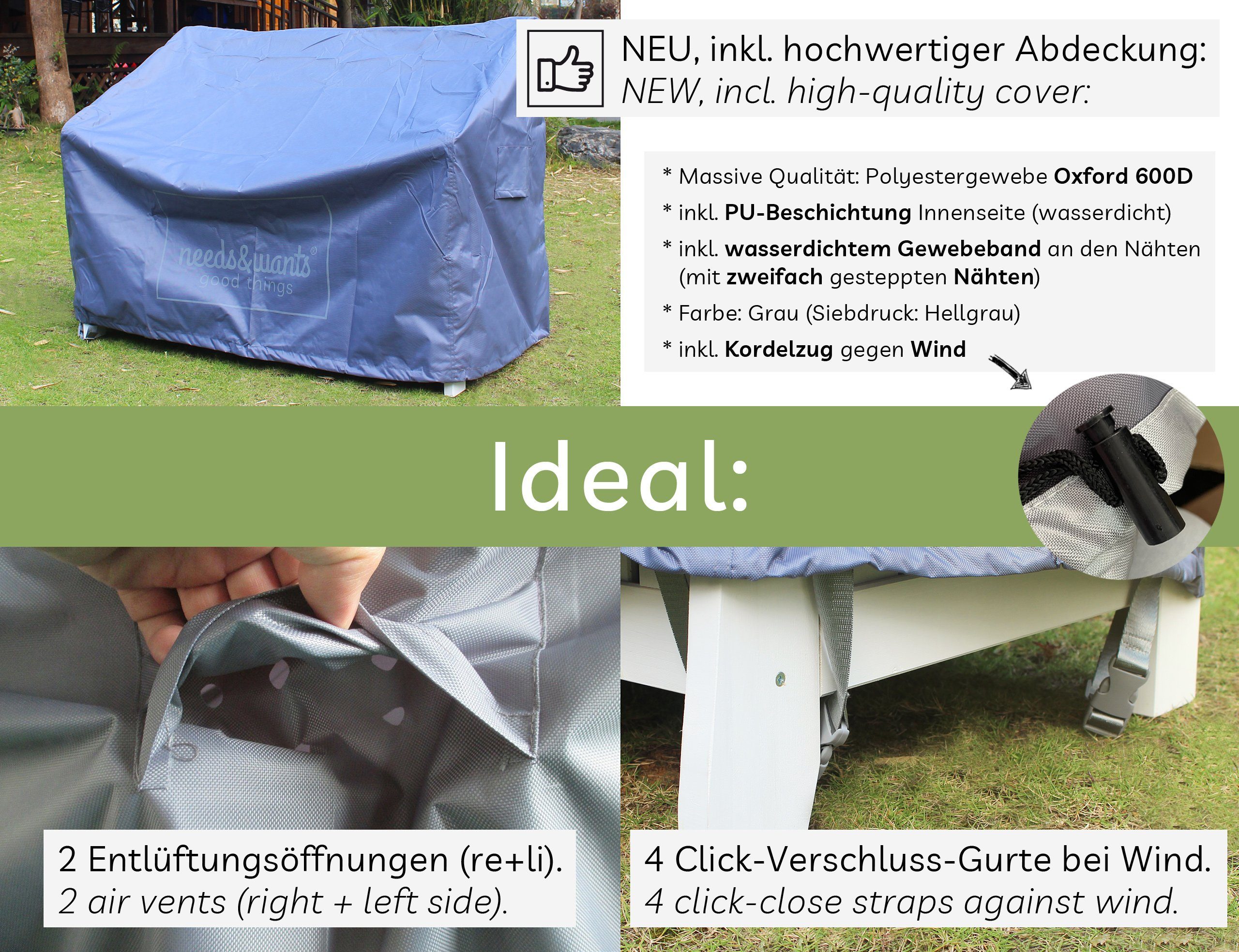needs&wants® Gartenbank Holz wetterfest mit Stauraum, Truhenbank Holzbank Sitzbank Truhe weiß, mit Textil Abdeckung 2-Sitzer Parkbank Garten Outdoor klassisch massiv