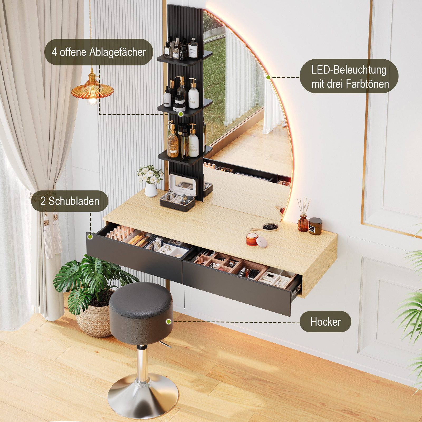 HOMALL Schminktisch Hängender Schminktisch mit LED-Beleuchtung (Maße: 106 × 40 × 143 cm, mit 3 offenen Ablagefächern, 2 Schubladen und drei einstellbaren Farbte – Bild 4 von 5
