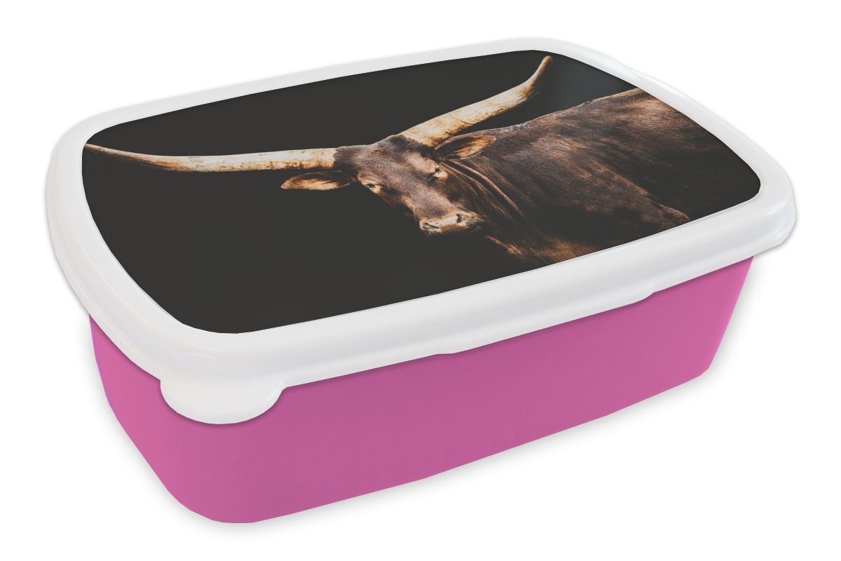 MuchoWow Lunchbox Kuh - Watussi - Schwarz, Kunststoff, (2-tlg), Brotbox für Erwachsene, Brotdose Kinder, Snackbox, Mädchen, Kunststoff rosa