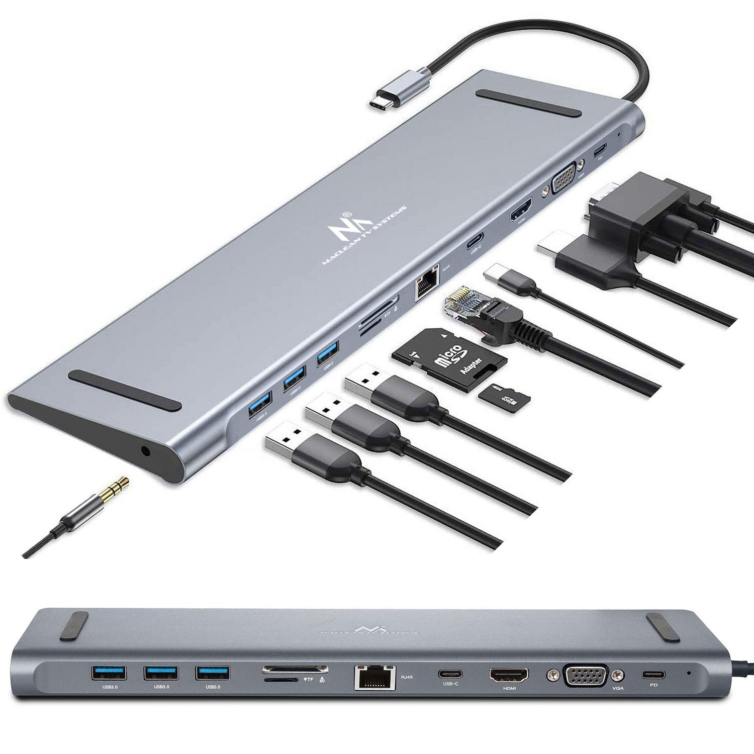 Maclean MCTV-850 USB-Adapter USB-C zu USB-C, USB 3.0, HDMI, VGA, RJ45, SD,  TF, 3,5-mm-Klinke, 11 Schnittstellen in einem Gerät; Power-Delivery  Ladefunktion