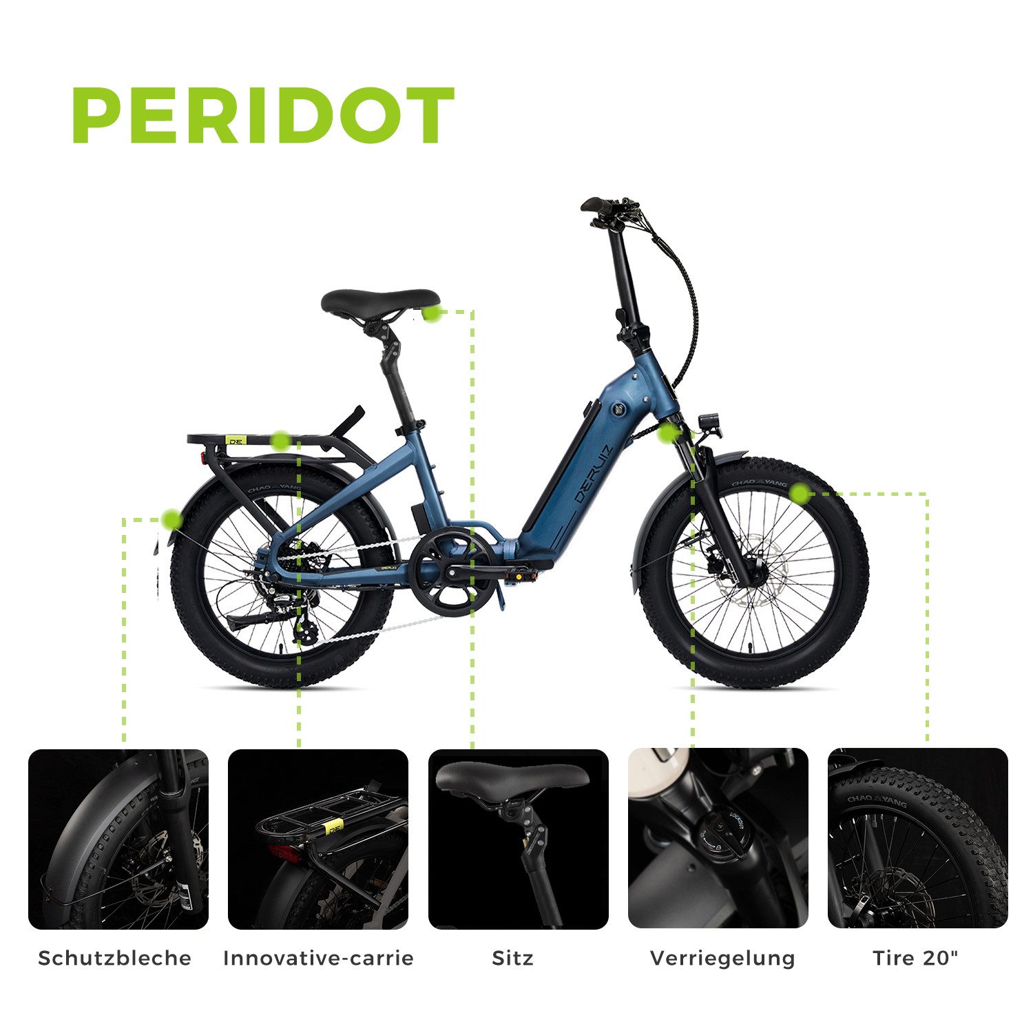 DERUIZ E-Bike Klapprad Peridot 20 × 3 Zoll, bis 143 km, Bluetooth und App, 8 Gang SHIMANO SHIMANO ALTUS 11-32T Schaltwerk, Kettenschaltung, Heckmotor, 500 Wh, ( – Bild 4 von 5