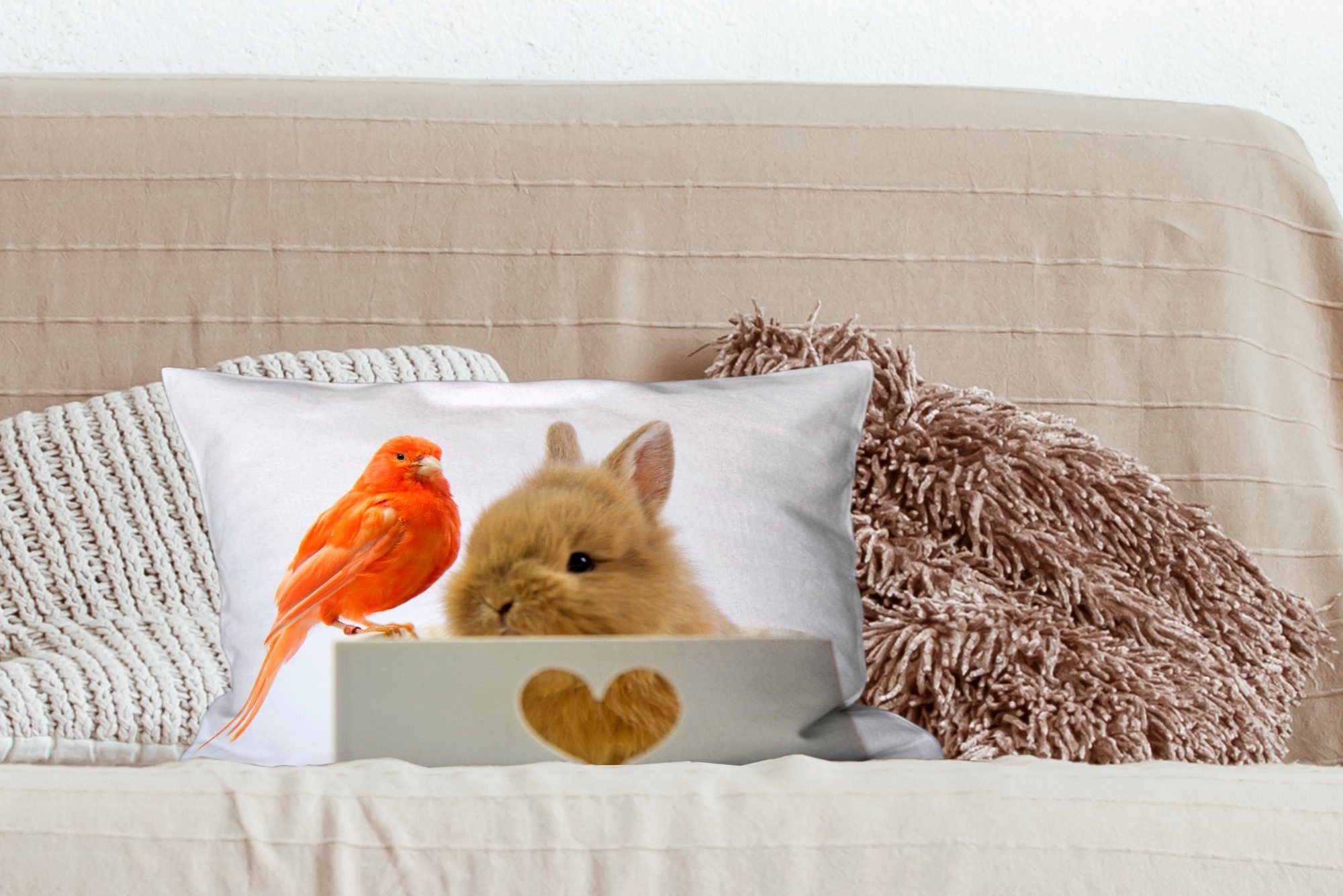 MuchoWow Dekokissen Kaninchen Wohzimmer - Füllung, Vogel, Dekoration, Schlafzimmer - Zierkissen, Dekokissen Tiere mit