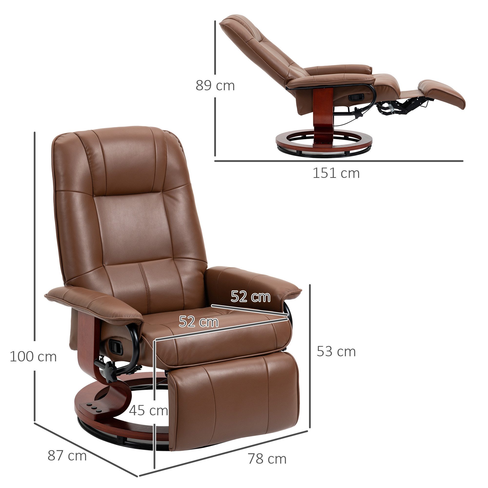 HOMCOM Relaxsessel Ruhesessel TV-Sessel Schlafzimmer Kunstleder (Liegesessel, 1-St., Fernsehsessel), für Wohnzimmer, Büro, Braun