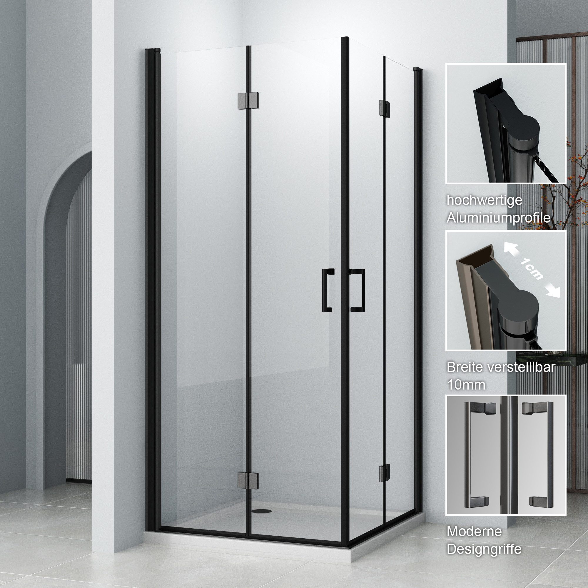 Hopibath Duschwand faltbar für Dusche Duschkabine Eckdusche Schwarz 180º faltbar Falttür, Nano Glas, (180º Falt-Duschkabine, mit Magnetverschluss, Alu-Bodenleiste, Duschdichtung), 90x90, 100x100, 120x120, 100x90, 120x90, 120x100cm