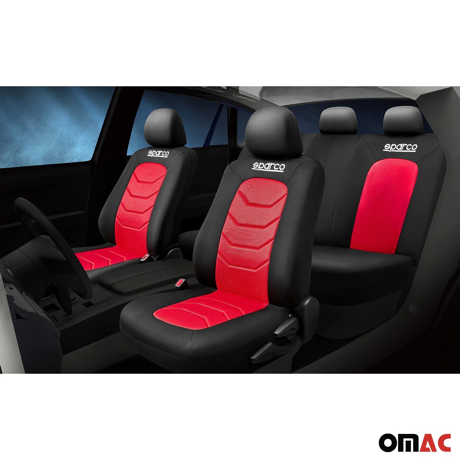 OMAC Autositzbezug SPARCO Schonbezüge Autositzbezüge Universell Rot Vorne Hinten, Atmungsaktiv,kompatibel mit Seitenairbag