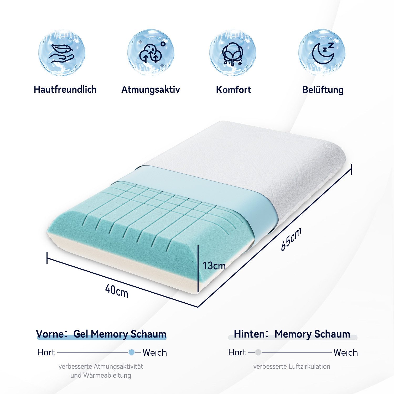 Elemuse Nackenstützkissen Kopfkissen Gelschaumkopfkissen 13cm Höhe, Füllung: Gel Memory Schaum, Kopfkissenkern und Kopfkissenbezug, Doppelte Bezüge: Polymer-Eisseide, Orthopädisch, Kühlend, OEKO-TEX®