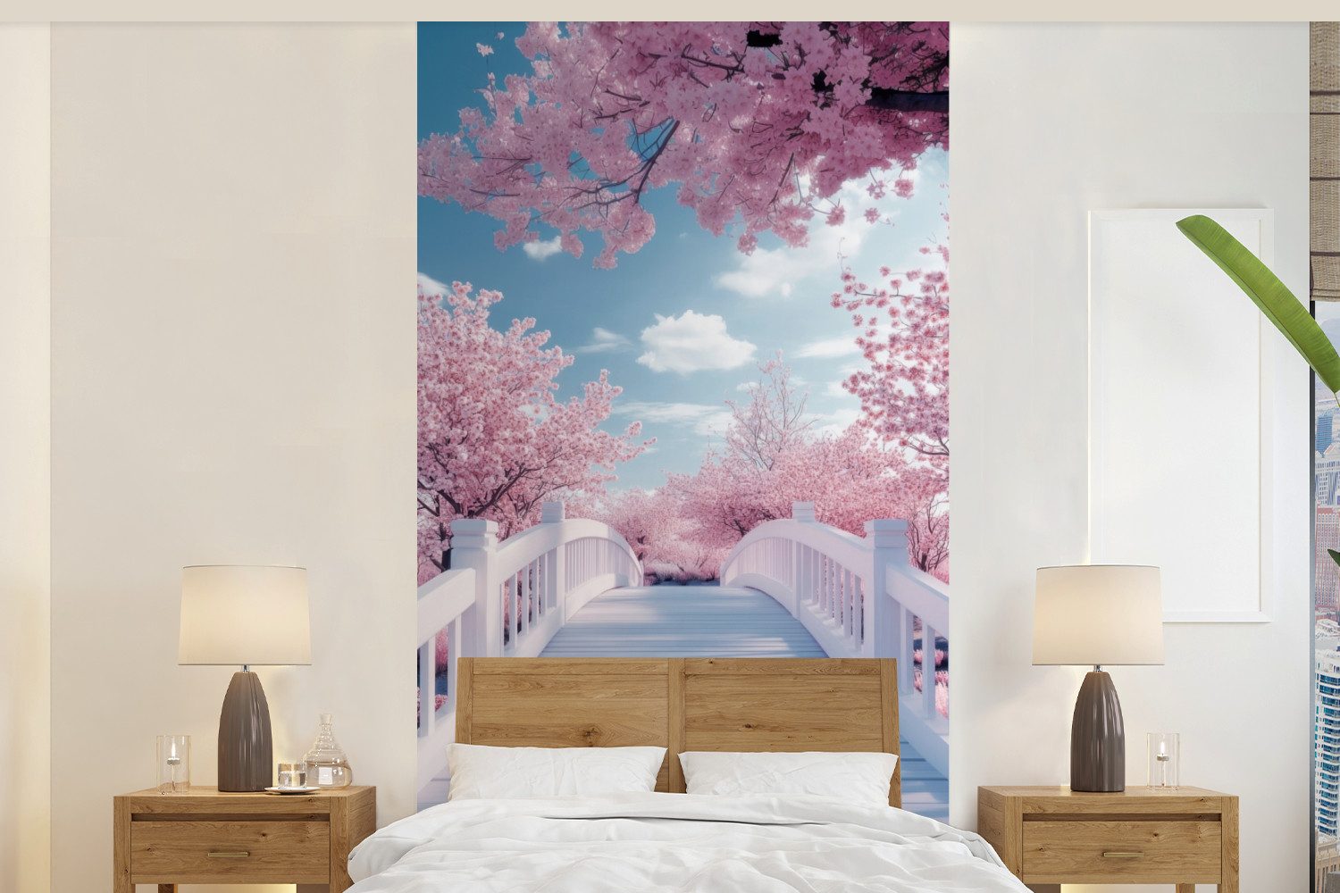 MuchoWow Fototapete Brücke - Kirschbäume - Weiß, Matt, bedruckt, Vliestapete für Wohnzimmer Schlafzimmer Küche, Fototapete, 120x240 cm