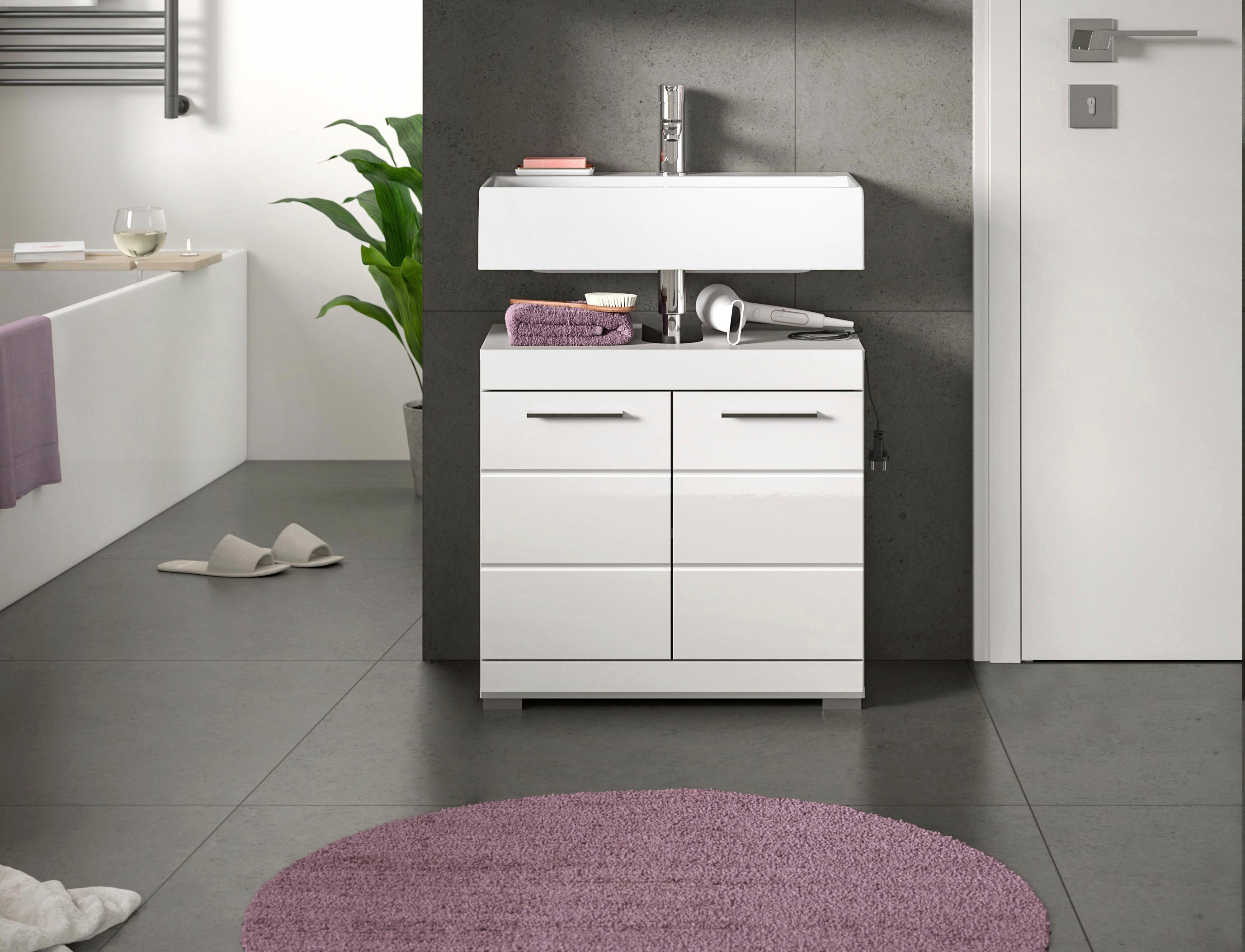 welltime Waschbeckenunterschrank SIENA, Breite 60cm, mit 2 Türen oder 2 Schubkästen, MDF-Front (1-St., TOPSELLER!, mit Siphonausschnitt 10x25 cm) in verschiedenen Farben erhältlich, Badmöbel, Badschrank, Kommode, Bad