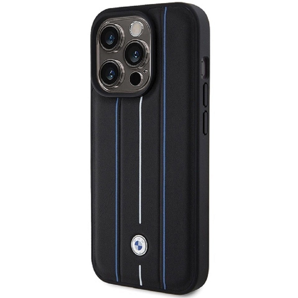 BMW Handyhülle Case iPhone 15 Pro Max Echtleder Streifen schwarz Logo 6,7 Zoll, Kantenschutz