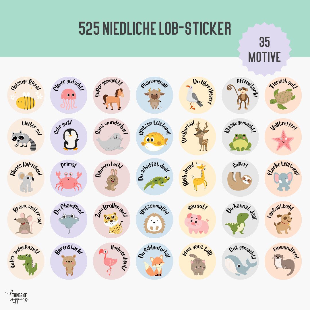 Things of Happiness Sticker Belohnungssticker Kinder, Lobsticker, Motivationssticker, (Tiermotive, Lehrerbedarf, Schulsticker)