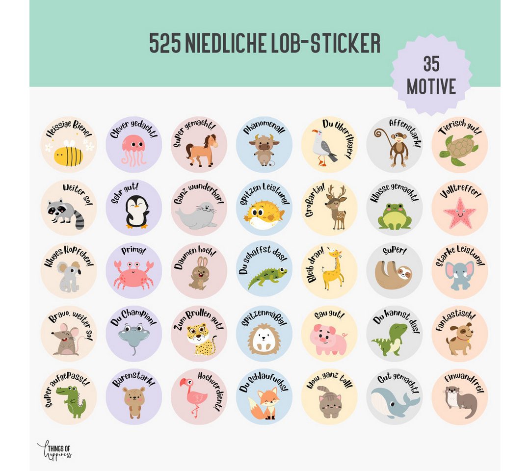 Thumbnail - Things of Happiness Sticker Belohnungssticker Kinder, Lobsticker, Motivationssticker, (Tiermotive, Lehrerbedarf, Schulst...