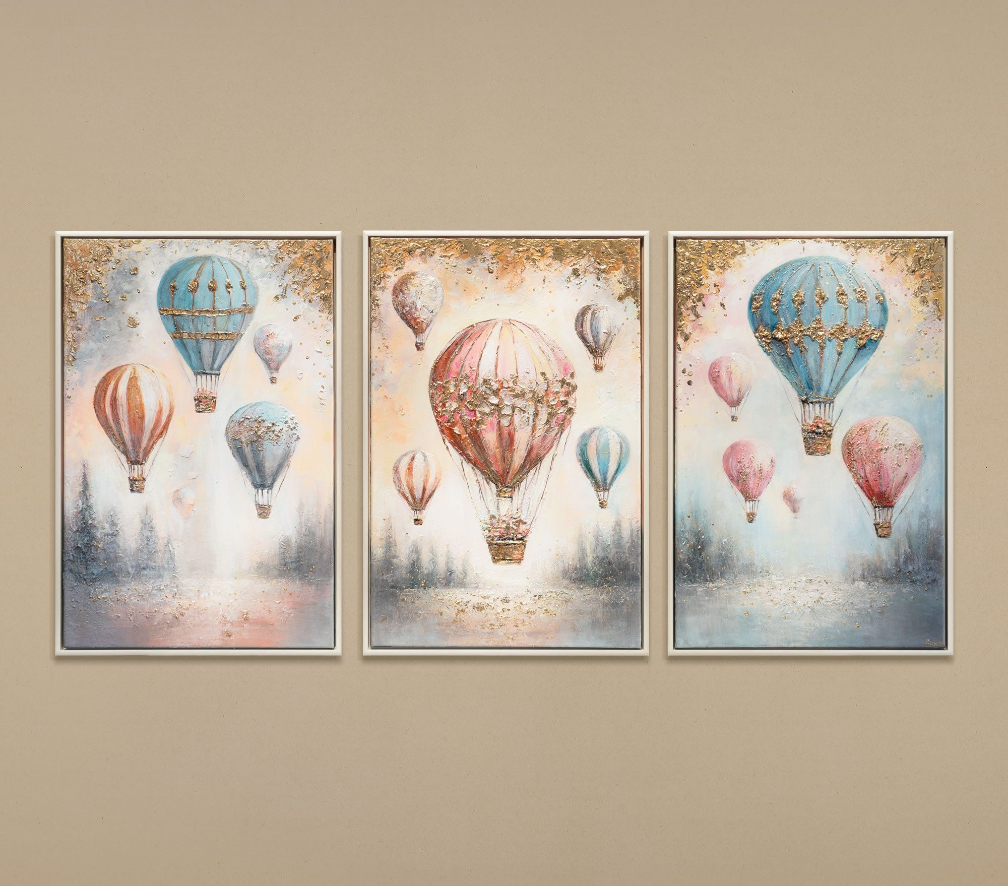 YS-Art Gemälde Luftige Träume, Luftballons, mehrteiliges Leinwandbild Heißluftballons steiigen in den Himmel
