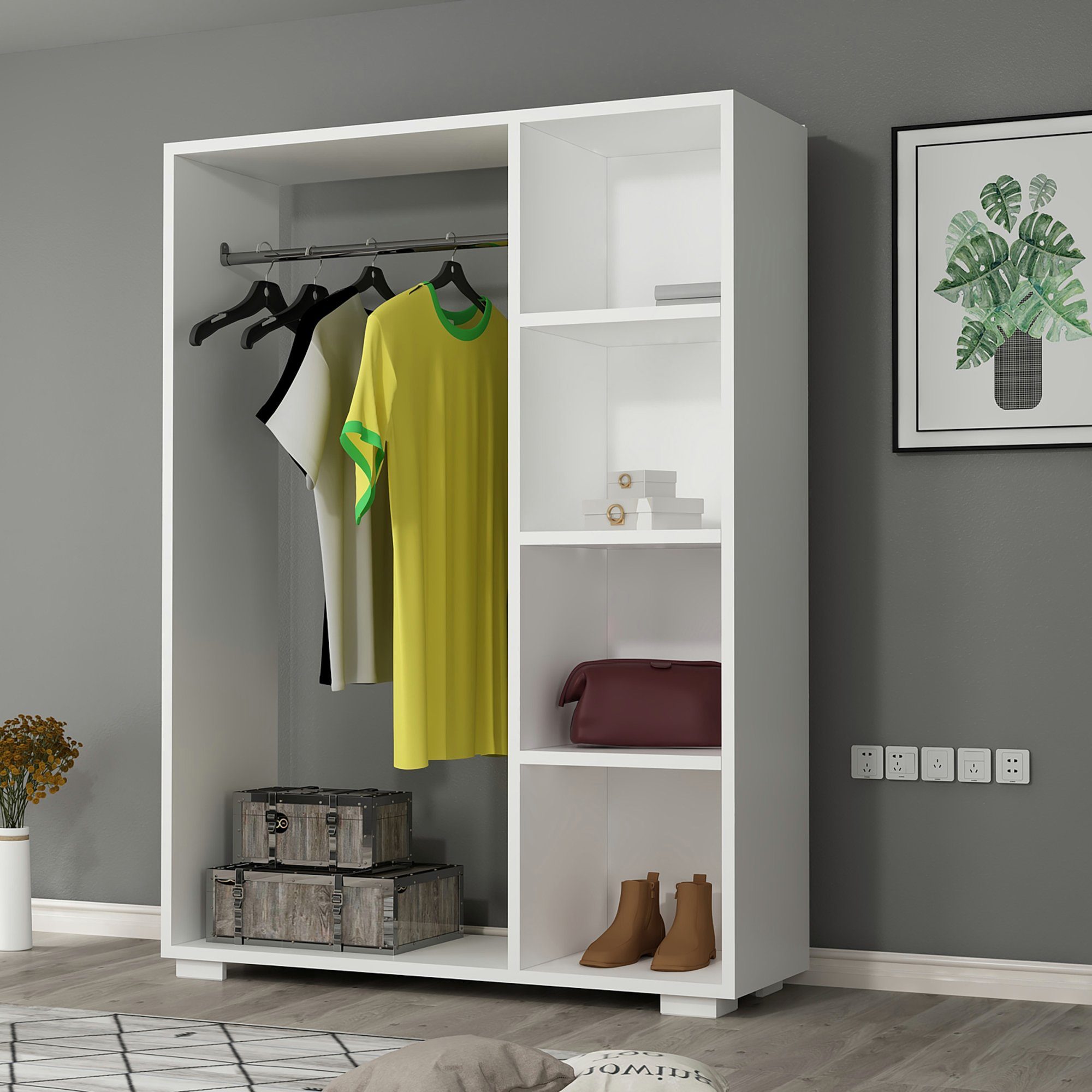 en.casa Kleiderschrank »Nesbyen« Garderobe 4 Ablagen 123x90x30cm Weiß Weiß | Weiß